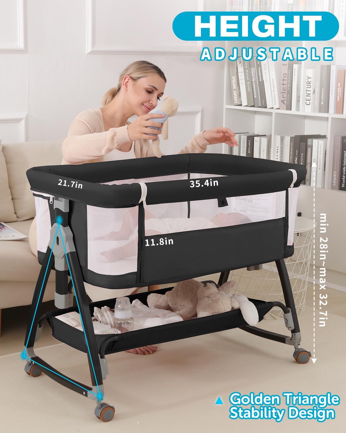 wayfong 3 in 1 Baby Bassinet Crib with Breathable Mesh, Bassinet Bedside Sleeper with Wheels, Mosquito Net, Storage Basket, 6 Height Adjustable, Easy to Assemble, Bassinets for Newborn Baby | Breathable Mesh, Mosquito Net, Large Storage Basket, 6 Height Adjustable, Multi-functional, Easy to Assemble