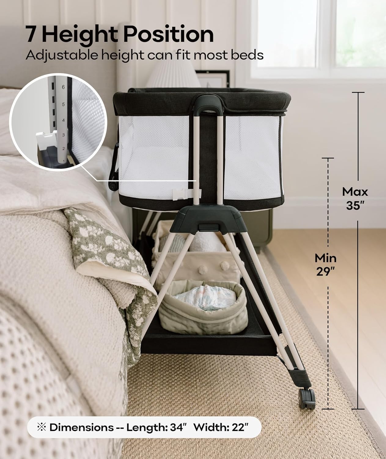 Alternative view of Fodoss Baby Bassinet Bedside Sleeper with Wheels and Storage Tray,4-Sided Mesh Bedside Bassinet for Infant\/Newborn,7 Height Adjustable Easy Folding Bedside Crib