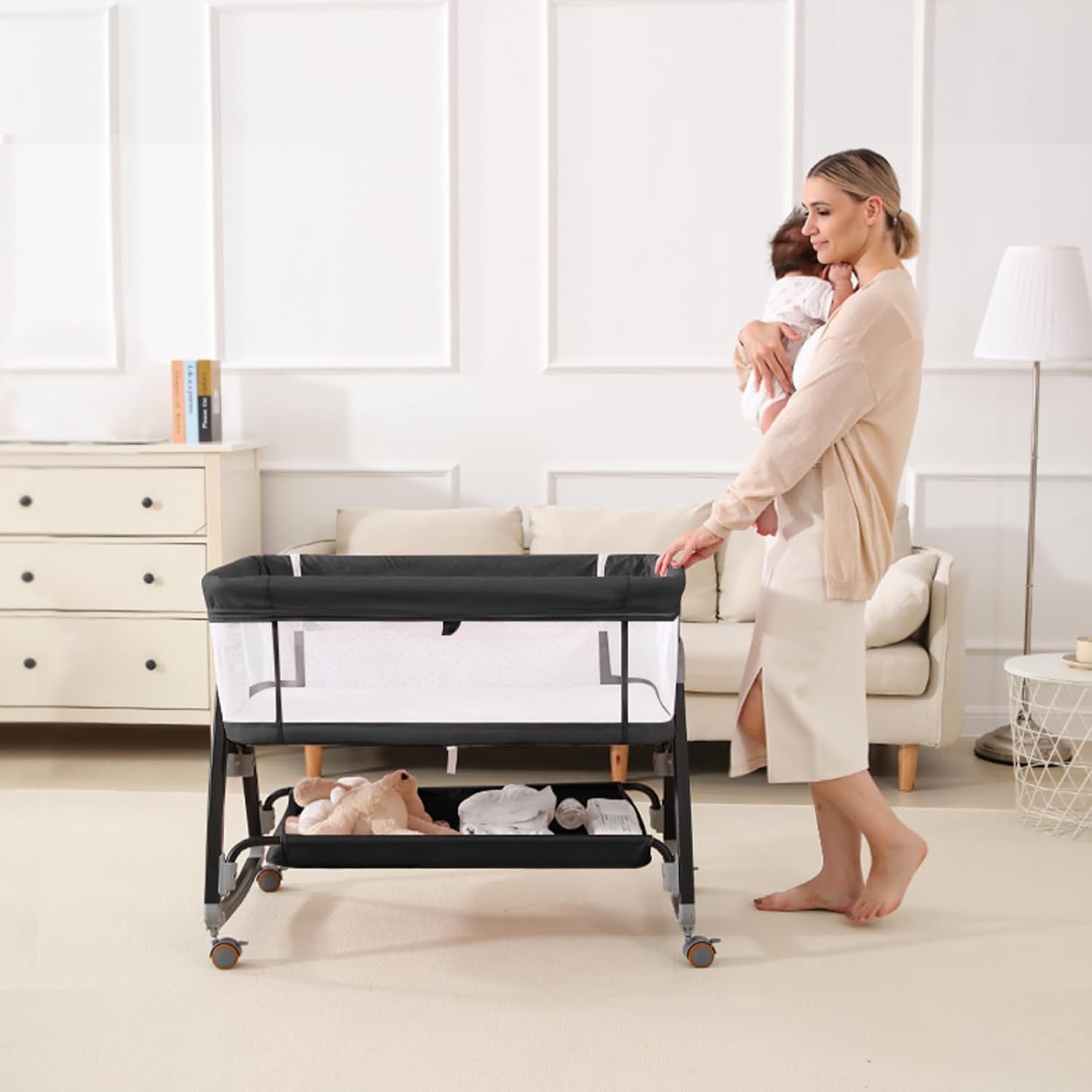 Alternative view of wayfong 3 in 1 Baby Bassinet Crib with Breathable Mesh, Bassinet Bedside Sleeper with Wheels, Mosquito Net, Storage Basket, 6 Height Adjustable, Easy to Assemble, Bassinets for Newborn Baby | Breathable Mesh, Mosquito Net, Large Storage Basket, 6 Height Adjustable, Multi-functional, Easy to Assemble