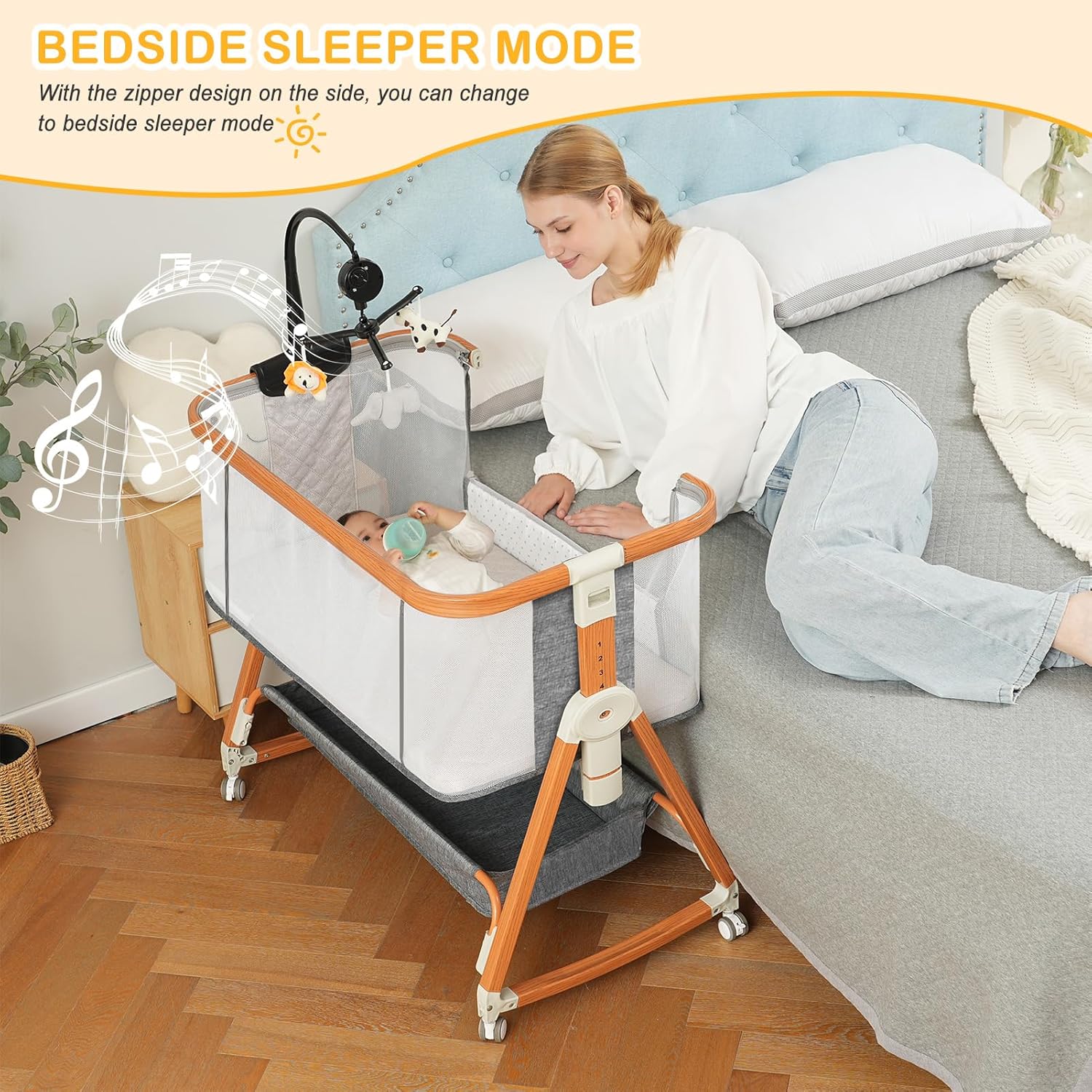 Alternative view of 3 in 1 Bassinet,Baby Bassinets Bedside Sleeper with Musical Toy,Adjustable Height Bedside Bassinet for Baby with Wheels and Storage Basket,4-Sided Mesh Bedside Crib for Newborn 0-6 Months (Grey)