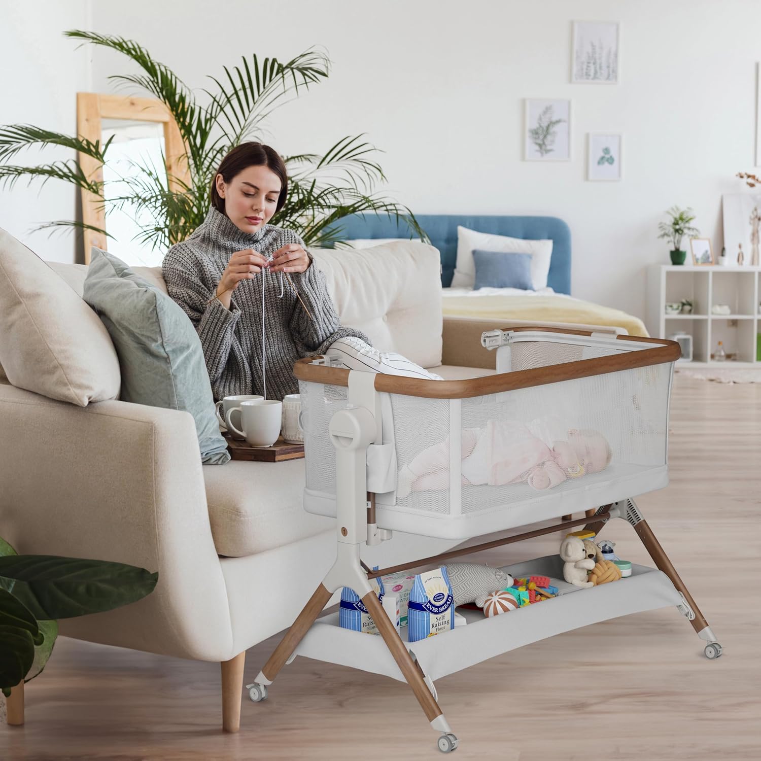 STARMONS Bassinet Bedside Sleeper, Rocking Bassinet for Baby, 3 in 1 Crib with 6 Adjustable Height,Breathable Mesh and Lockable Wheels, Baby Must Haves for Newborns