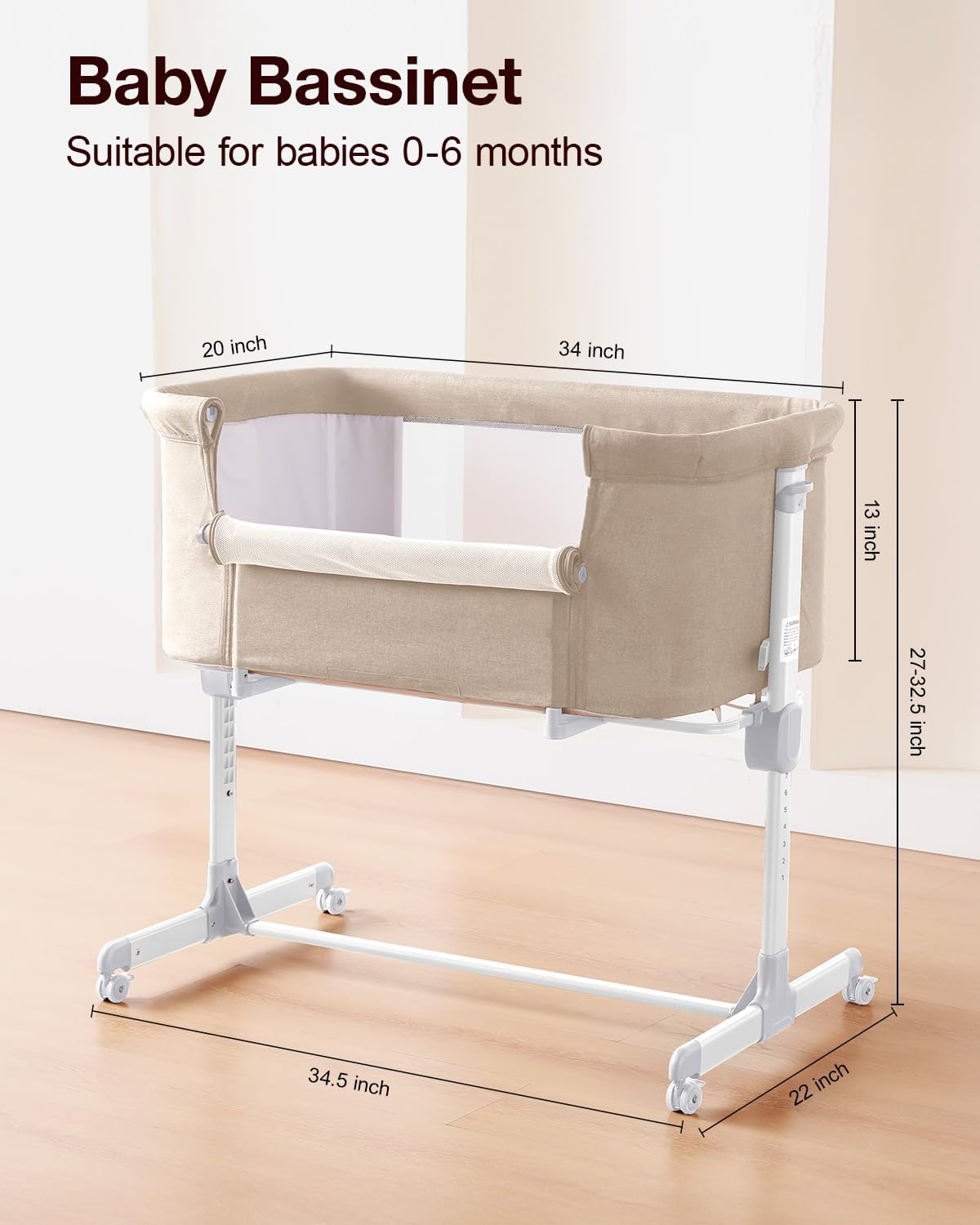 Larex Baby Bassinet, 3 in 1 Bassinets Bedside Sleeper for Newborn, Portable Crib Adjustable 7 Height Bedside Bassinet with Mattress and Wheels Khaki