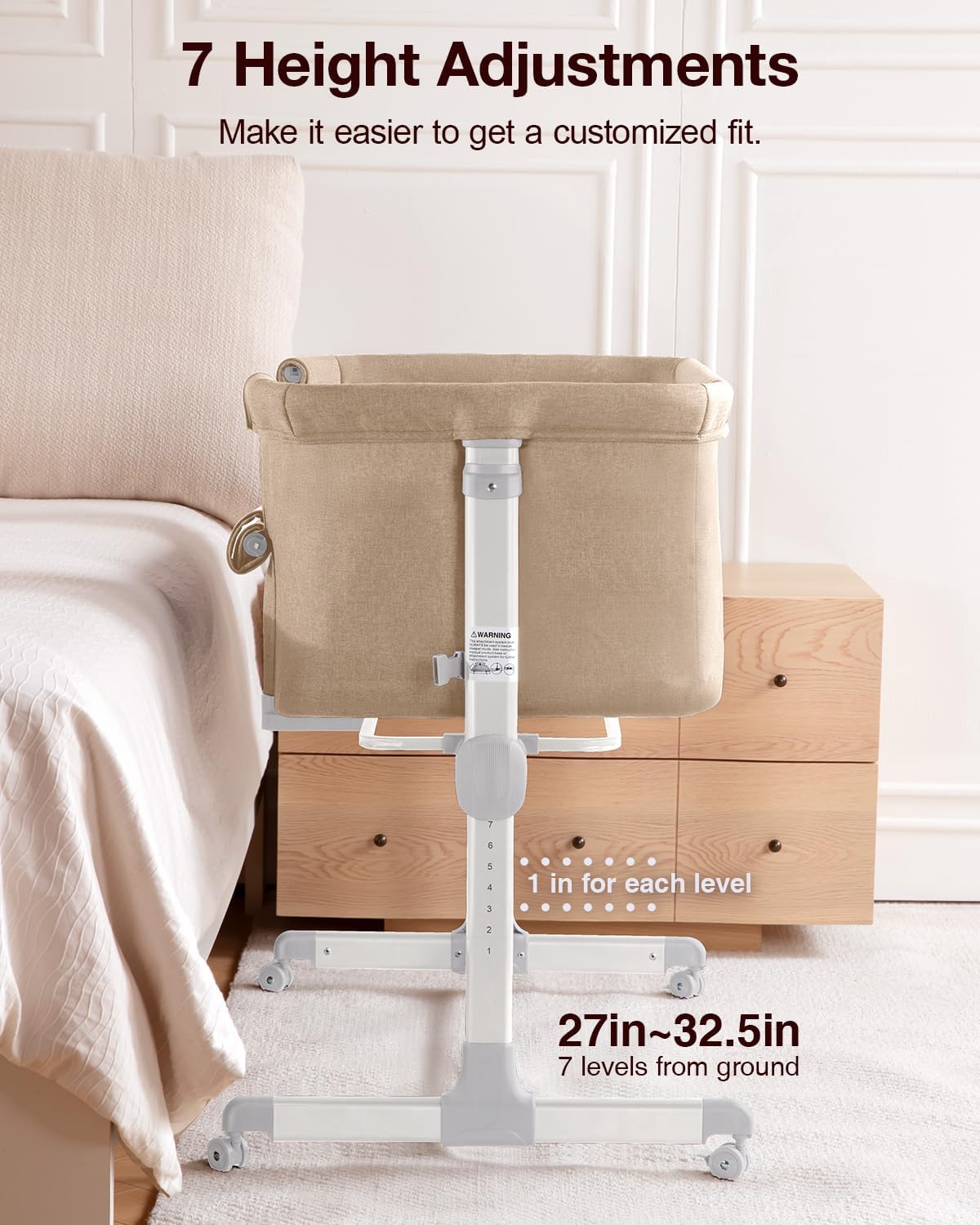 Alternative view of Larex Baby Bassinet, 3 in 1 Bassinets Bedside Sleeper for Newborn, Portable Crib Adjustable 7 Height Bedside Bassinet with Mattress and Wheels Khaki