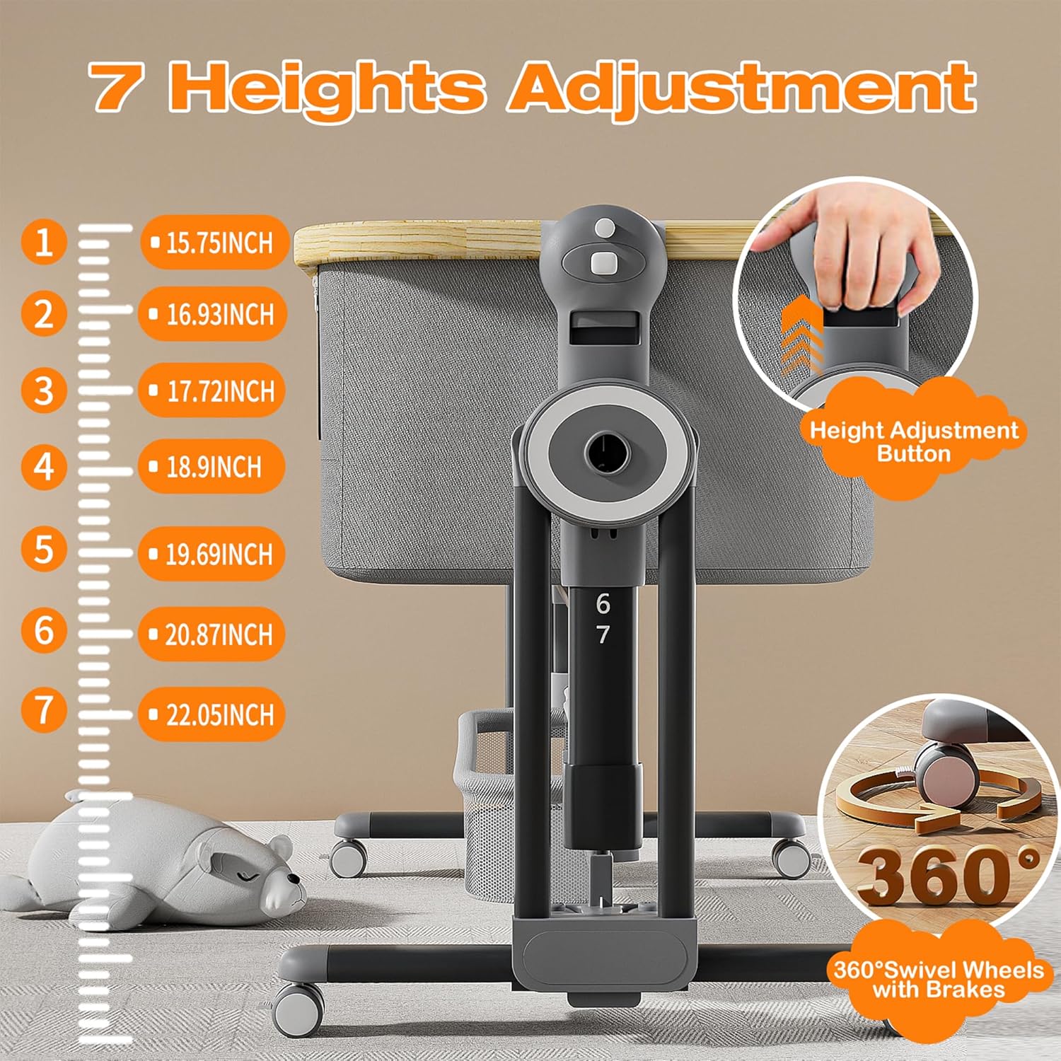 Alternative view of Cawesor 4 in 1Baby Bassinet,Bedside Bassinet for Baby, Rocking Bassinet with Comfy Mattress and Wheels, 7 Height Adjustable Easy Folding Portable Bedside Crib for Newborn