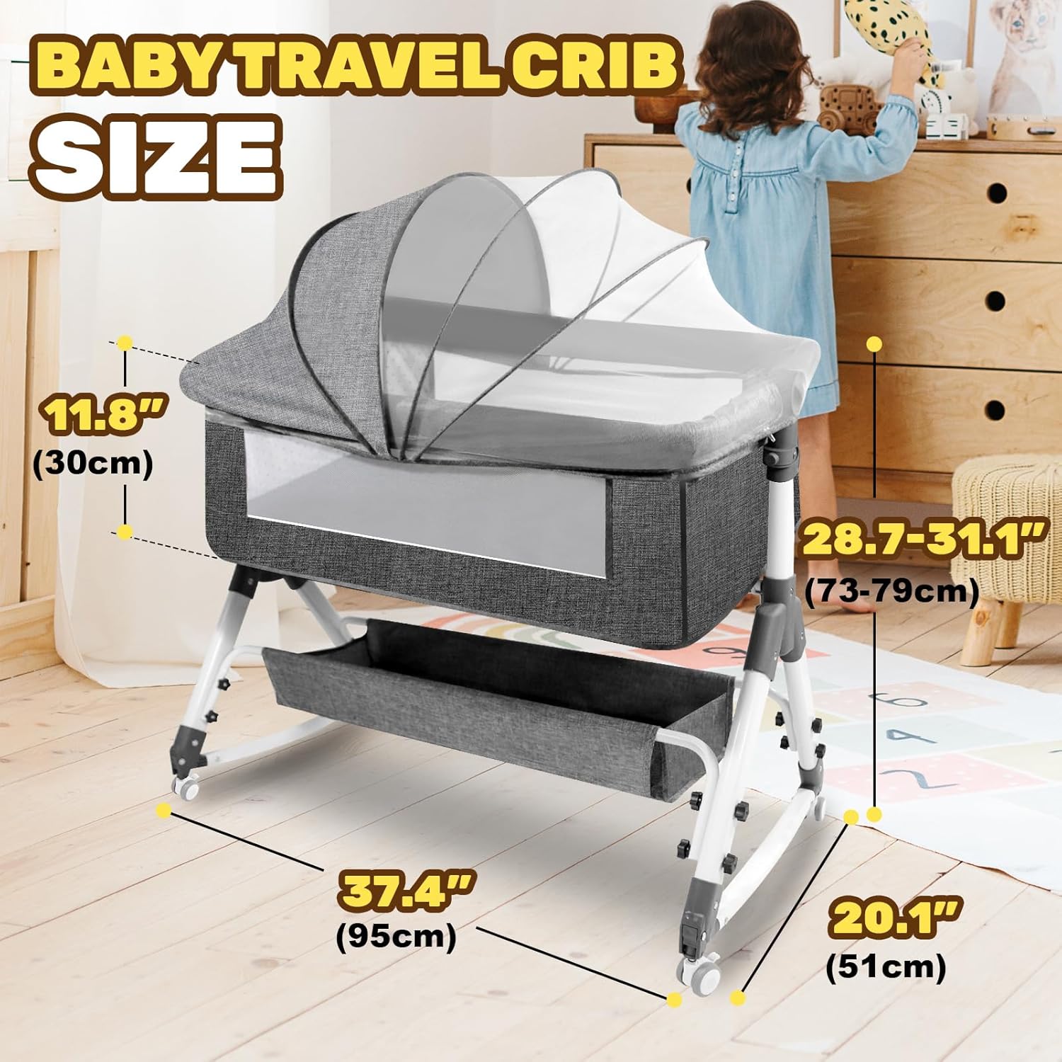 Alternative view of AOBOTE Baby Bassinet,Foldable Newborn Crib with Mosquito Net and Wanxiang Silent Wheel, Adjustable Height,Bassinet Bedside Sleeper (AB010011-1)