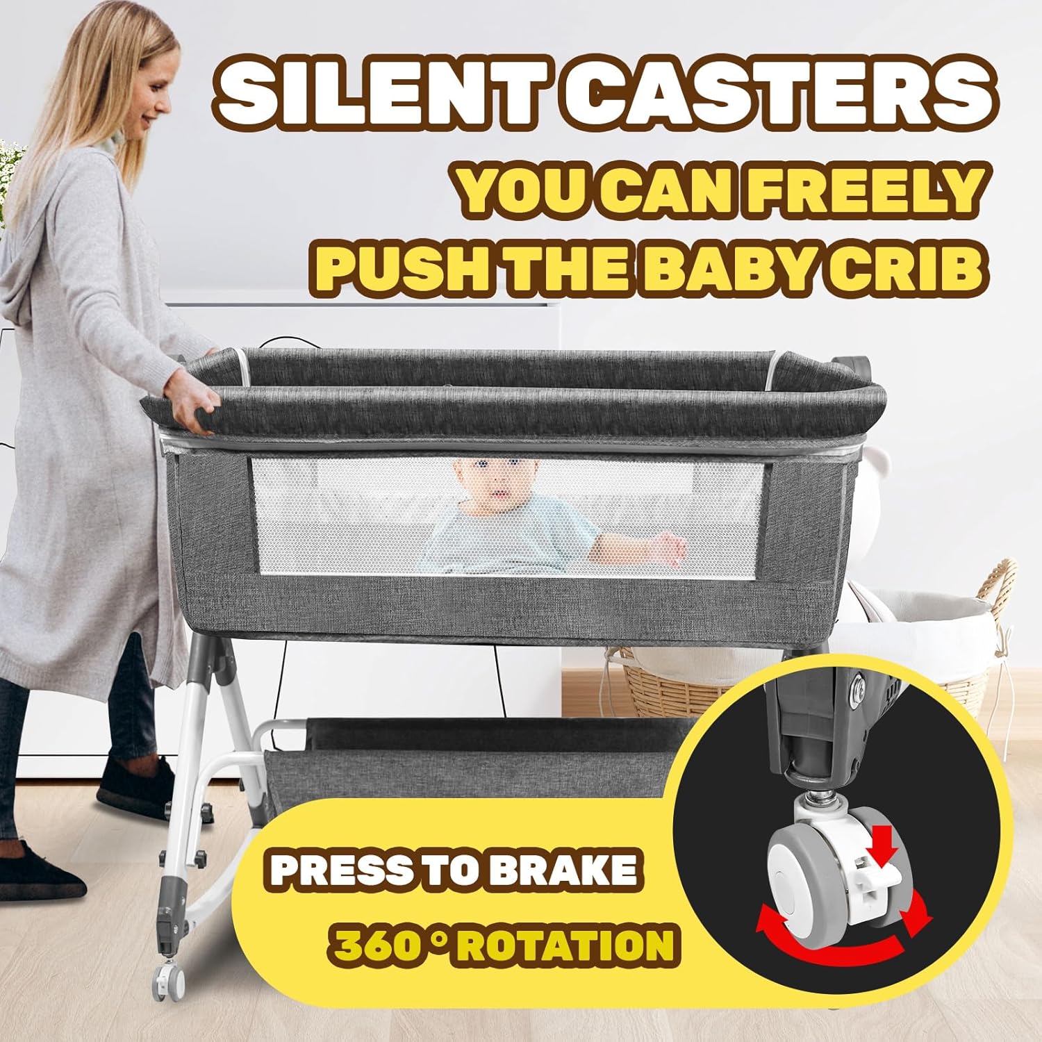 AOBOTE Baby Bassinet,Foldable Newborn Crib with Mosquito Net and Wanxiang Silent Wheel, Adjustable Height,Bassinet Bedside Sleeper (AB010011-1) - Image 4