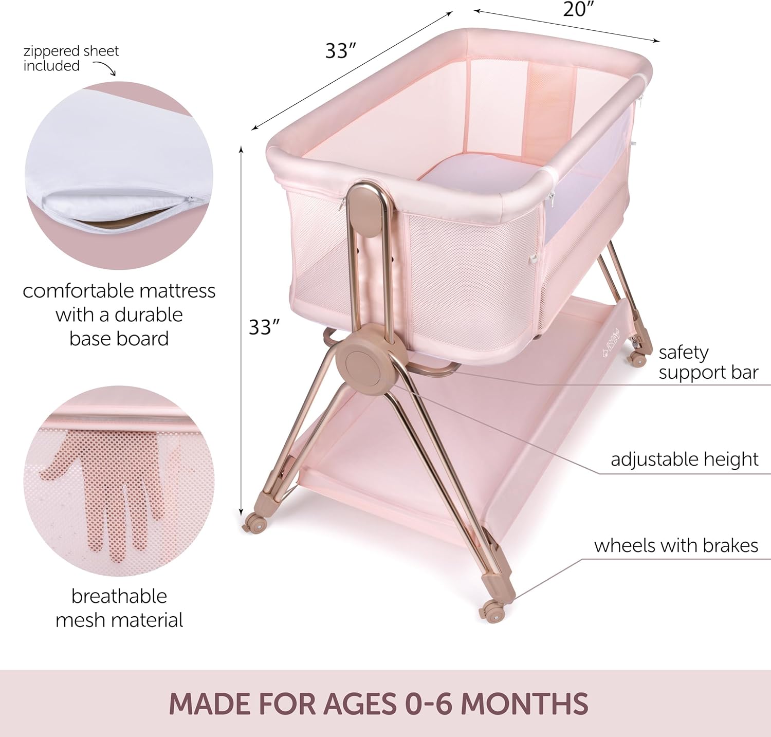 KOOLABABY Baby Bedside Sleeper - Bassinet & Bedside Crib with Height Adjustment & Wheels - Can Be Placed Next to Bed - Attaches to Parents Bed - Easy to Fold & Carry Bassinet for Girls (Pink)