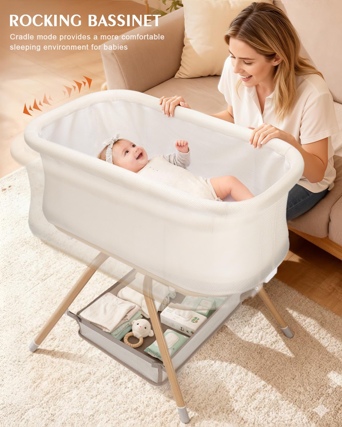 Alternative view of 3 in 1 Baby Bassinet, Rocking Bedside Bassinet for Baby with Mesh Design & Soft Mattress, Bassinet Bedside Sleeper for Newborn Infant，Portable Nest with Storage Basket, Easy Assemble & Folding Beige