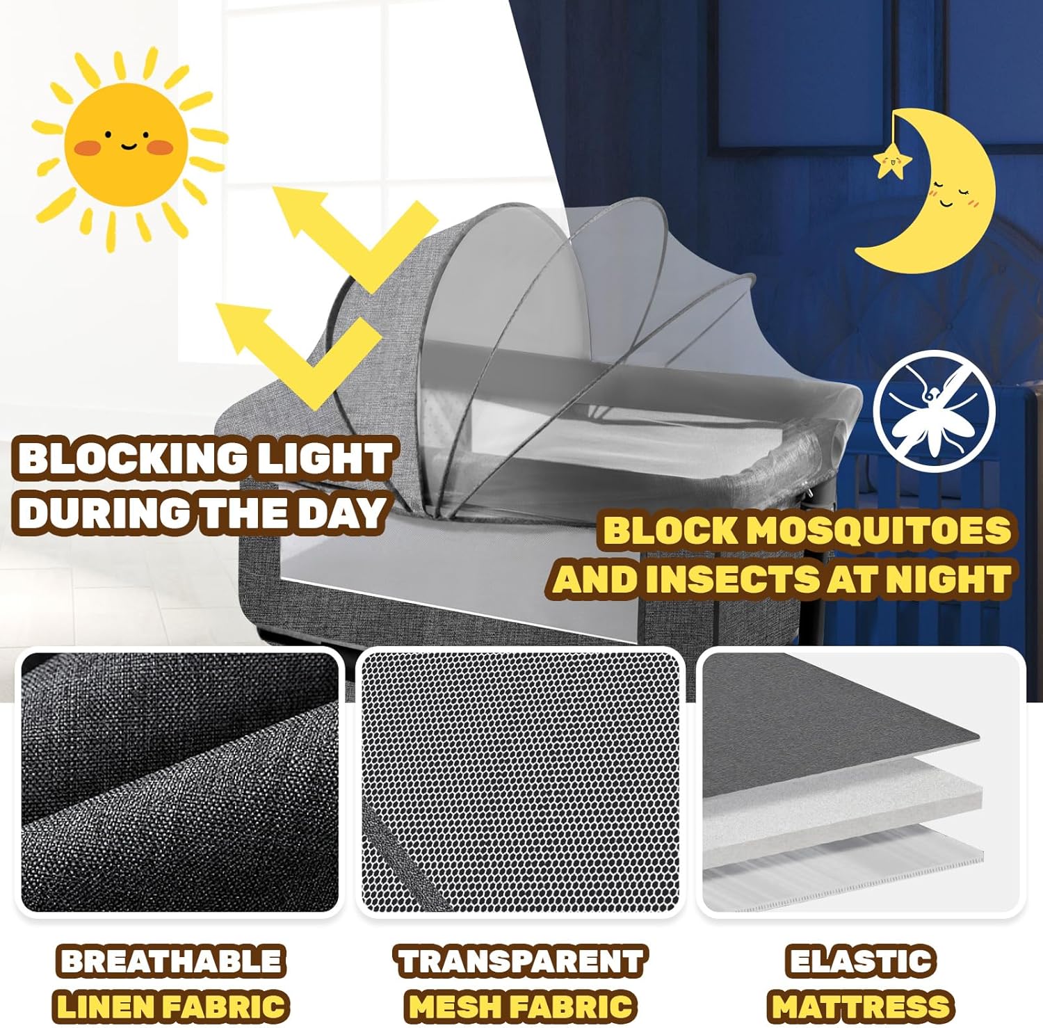 AOBOTE Baby Bassinet,Foldable Newborn Crib with Mosquito Net and Wanxiang Silent Wheel, Adjustable Height,Bassinet Bedside Sleeper (AB010011-1) - Image 5