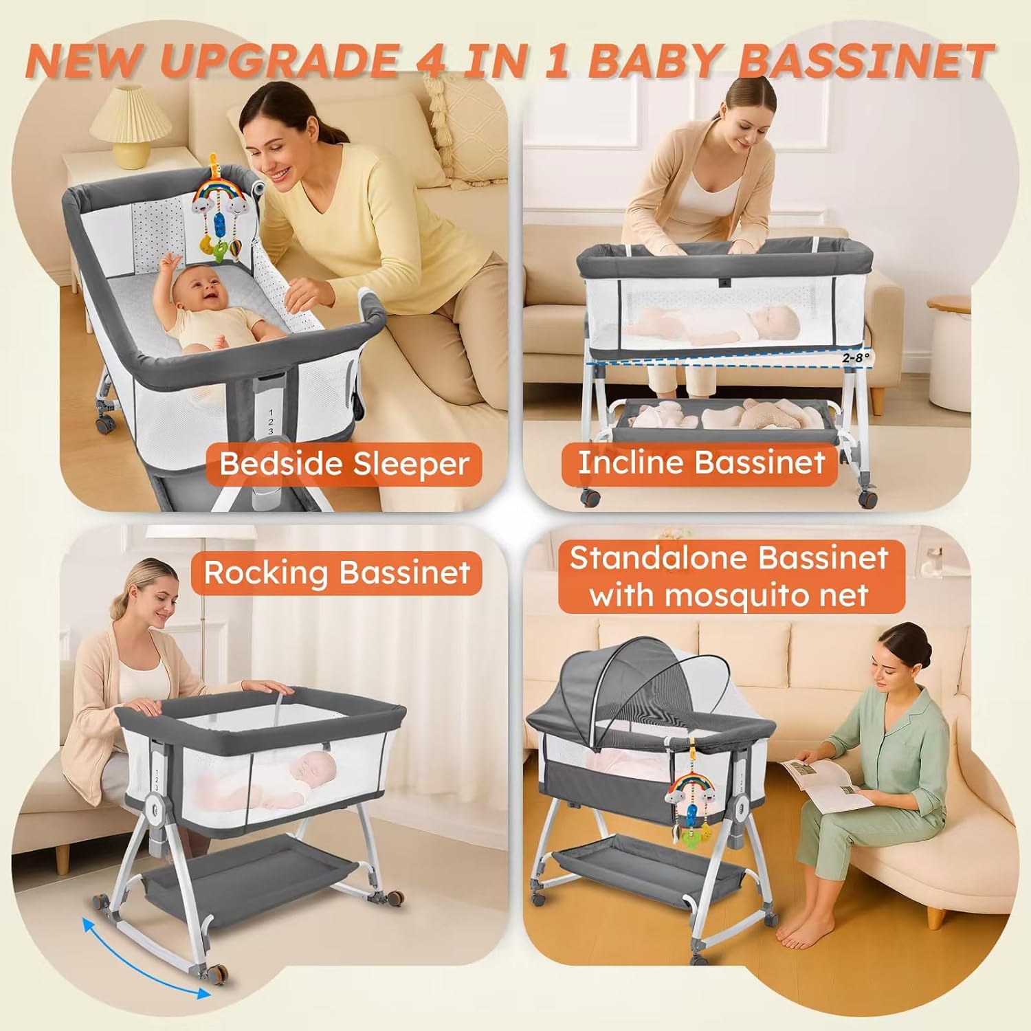 Madewell Living 4-in-1 Baby Bassinets Bedside Sleeper, Bedside Bassinet with Wheels, 6-Height Adjustable Bassinet with Soft Mattress, Mosquito Net, Soothing Toy for Newborns & Infants(Grey)