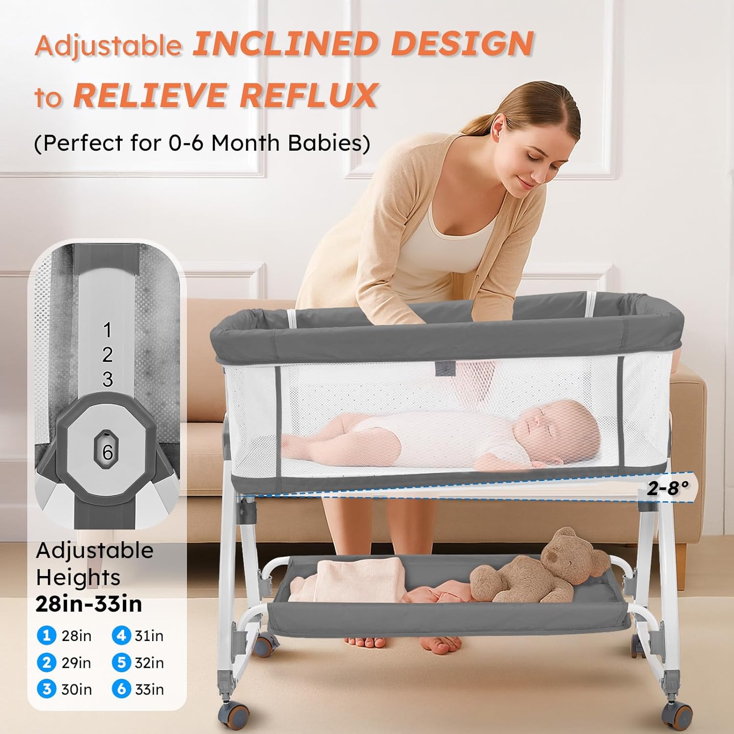 Alternative view of Madewell Living 4-in-1 Baby Bassinets Bedside Sleeper, Bedside Bassinet with Wheels, 6-Height Adjustable Bassinet with Soft Mattress, Mosquito Net, Soothing Toy for Newborns & Infants(Grey)