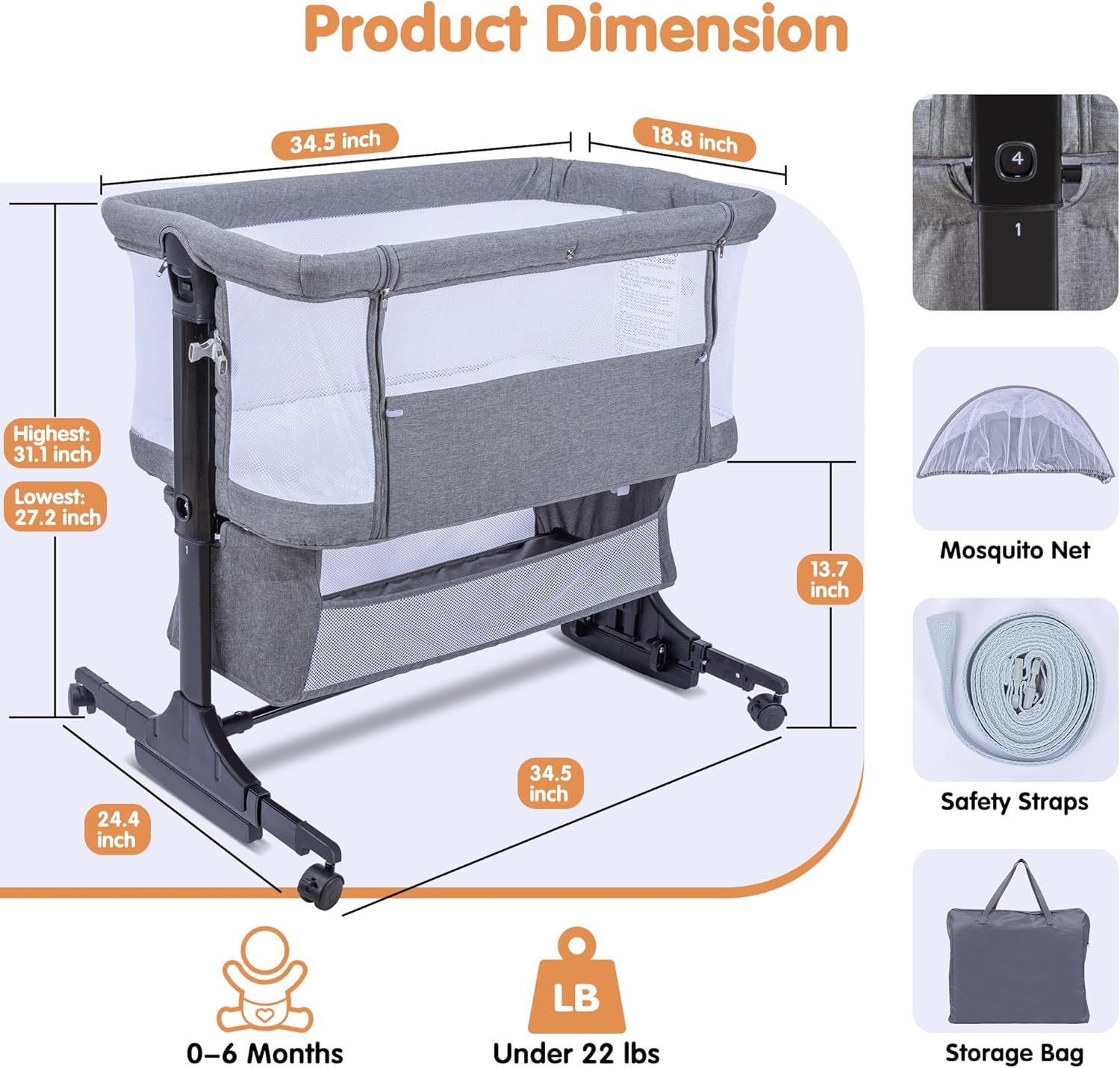 Baby Bassinet,4 in 1 Bassinet Bedside Sleeper with Rocking Mode, 6 Adjustable Height with Mosquito Net,Breathable Mesh, Storage Basket, Safety Straps, Easy Assembly & Folding