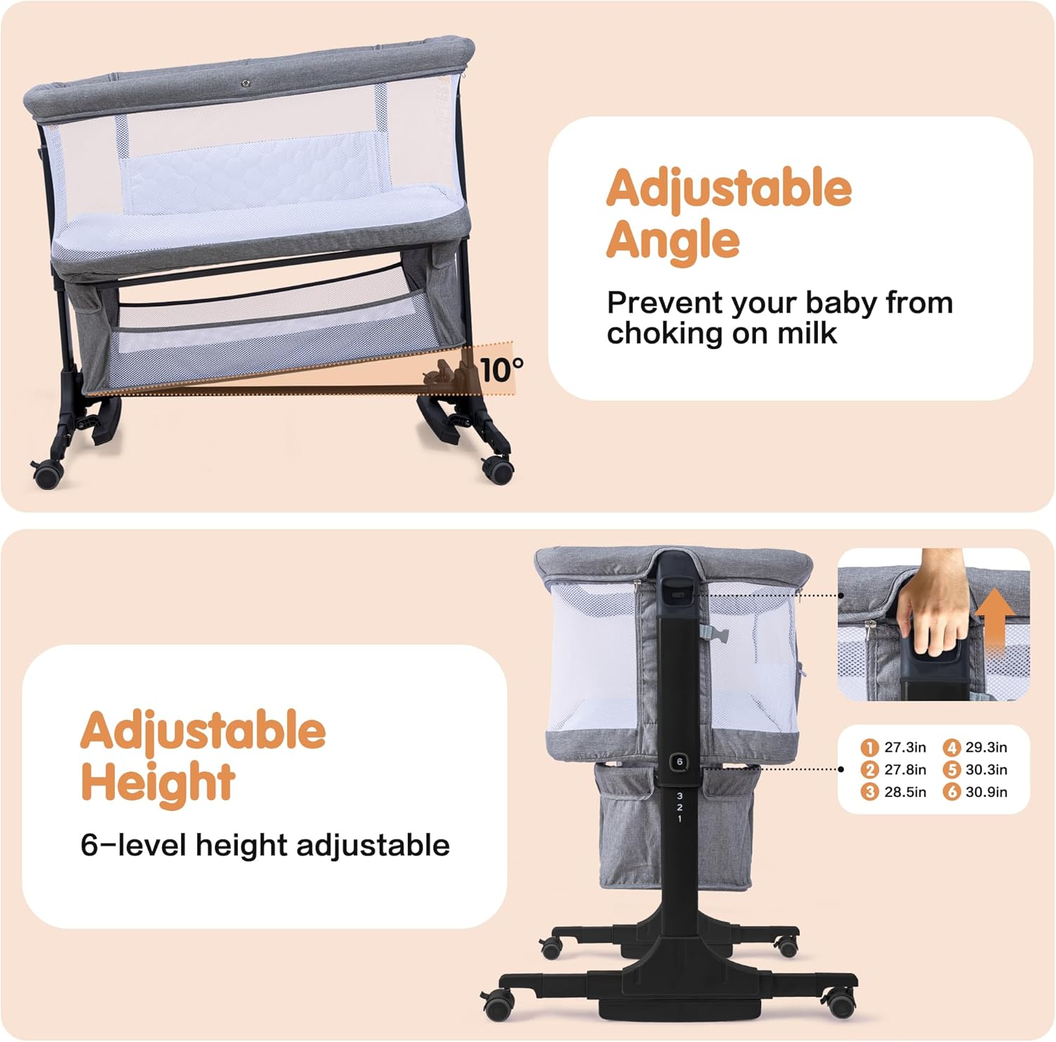 Alternative view of Baby Bassinet,4 in 1 Bassinet Bedside Sleeper with Rocking Mode, 6 Adjustable Height with Mosquito Net,Breathable Mesh, Storage Basket, Safety Straps, Easy Assembly & Folding