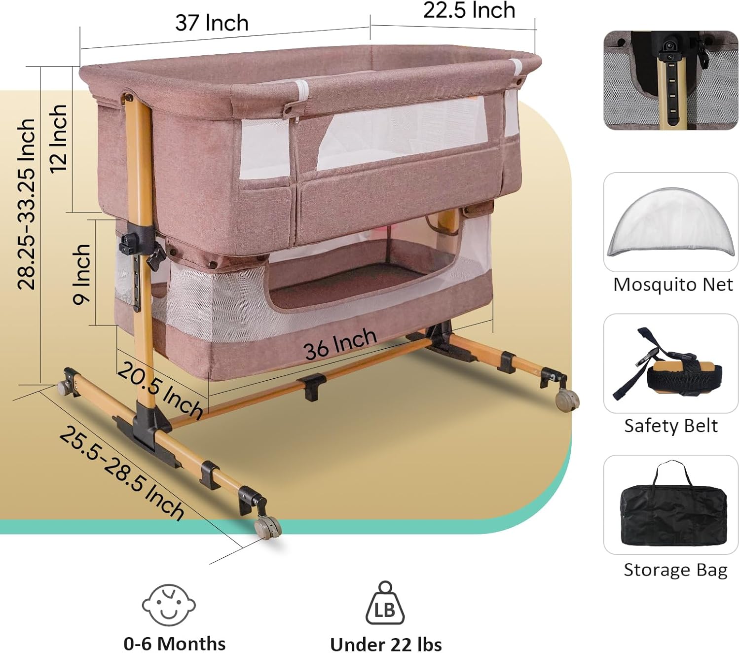 Alternative view of cutebeams Baby Bassinet, 3 in 1 Bedside Sleeper with Mattress and Mesh Sides, Mosquito Net, Storage Basket, with Rocking Function, 5-Height Adjustable, Easy Assemble Crib for Newborn, Khaki