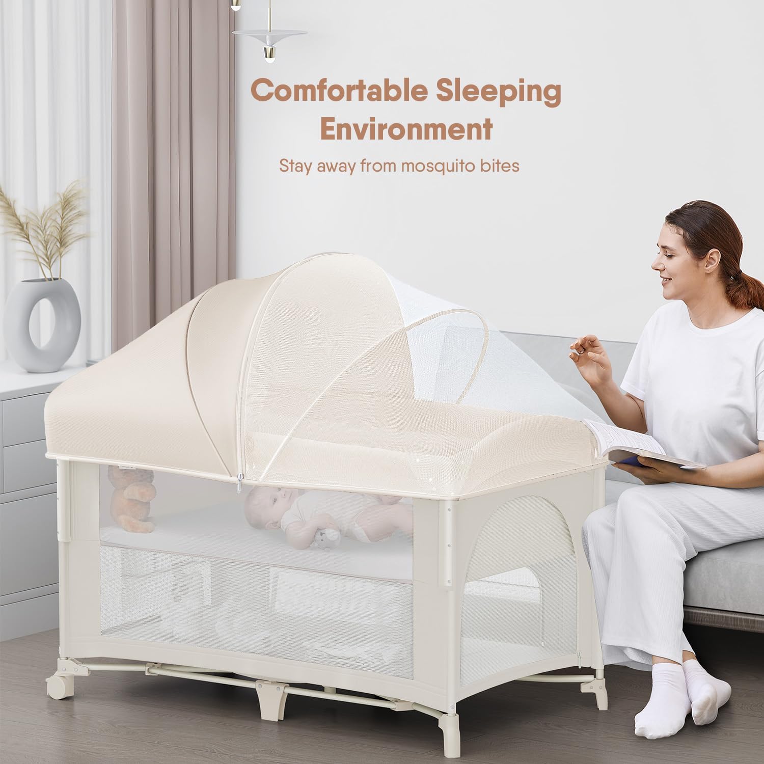 Alternative view of Obee Odee 4 in 1 Baby Bassinet, Pack and Play, Bedside Crib Sleeper, Diaper Changer - Comes with Mattress, Mosquito Net, Bottom Storage and Toy Bar for Newborn to Toddles