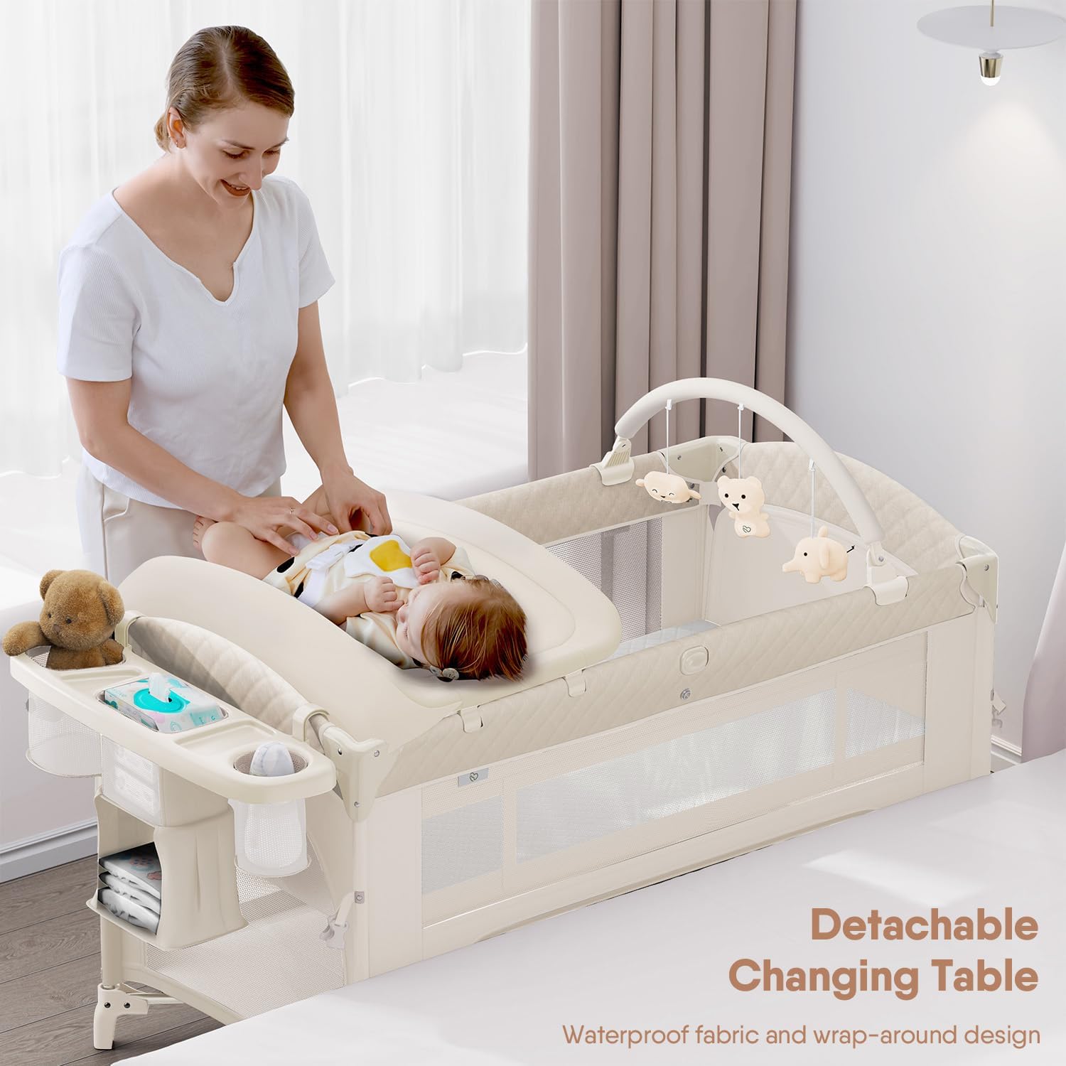 Obee Odee 4 in 1 Baby Bassinet, Pack and Play, Bedside Crib Sleeper, Diaper Changer - Comes with Mattress, Mosquito Net, Bottom Storage and Toy Bar for Newborn to Toddles - Image 3