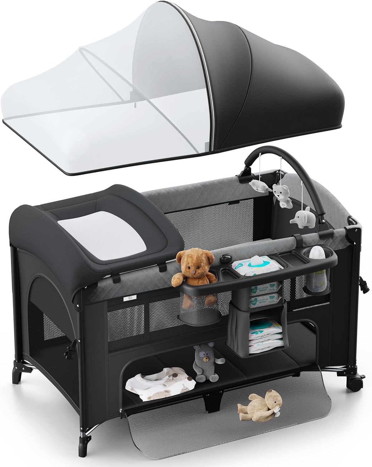 Obee Odee 4 in 1 Baby Bassinet, Pack and Play, Bedside Crib Sleeper, Diaper Changer - Comes with Mattress, Mosquito Net, Bottom Storage and Toy Bar for Newborn to Toddles - Image 6