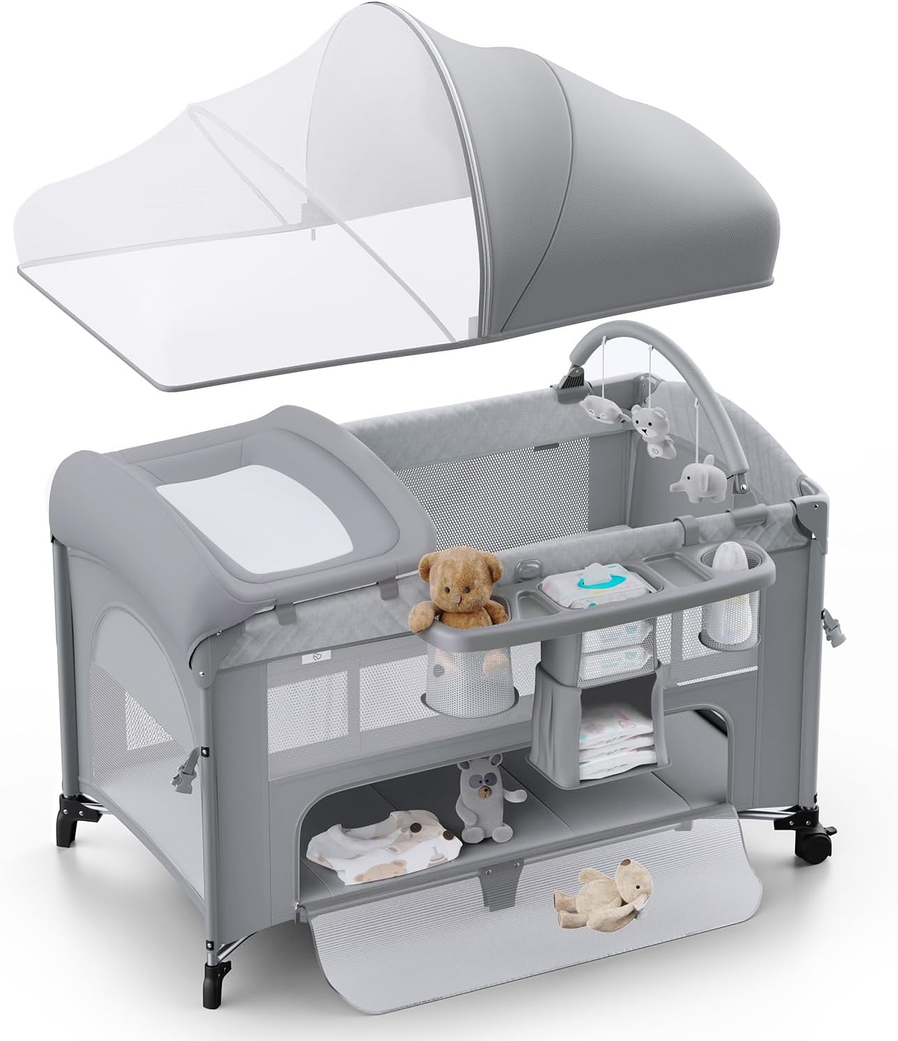 Obee Odee 4 in 1 Baby Bassinet, Pack and Play, Bedside Crib Sleeper, Diaper Changer - Comes with Mattress, Mosquito Net, Bottom Storage and Toy Bar for Newborn to Toddles - Image 7