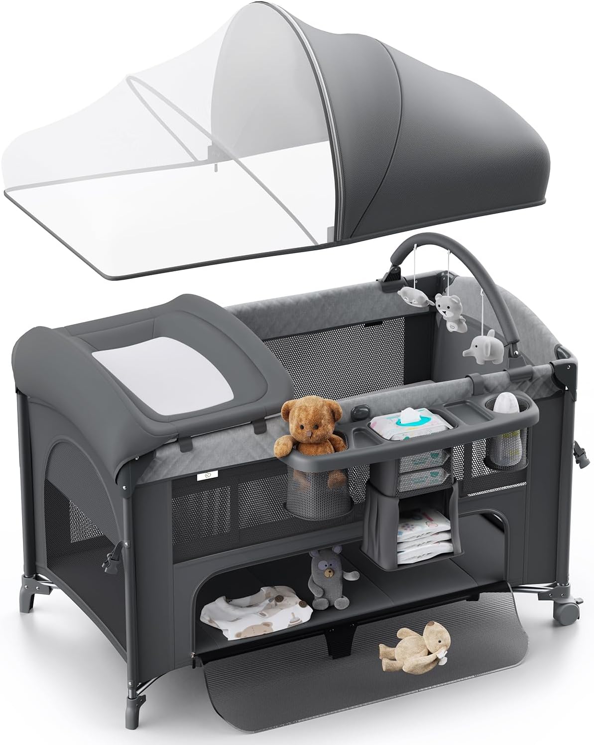 Obee Odee 4 in 1 Baby Bassinet, Pack and Play, Bedside Crib Sleeper, Diaper Changer - Comes with Mattress, Mosquito Net, Bottom Storage and Toy Bar for Newborn to Toddles - Image 8