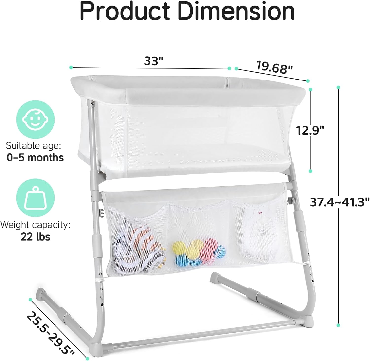 Cowiewie Bassinet Bedside Sleeper,Baby Bassinet Slides Over Bed,5-Position Height Adjustment & Breathable All-Mesh Wall Bedside Bassinet for Baby,Space-Saving Bedside Crib, Height(37.4-41.3"), White