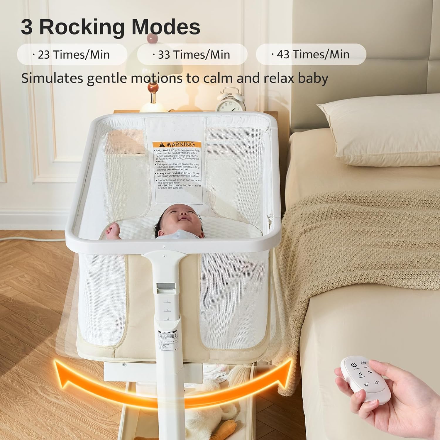 Alternative view of Electric Baby Bassinet, All-Mesh Bedside Sleeper with 3-Speed Auto Rocking, 8 Soothing Sounds, Remote Control, 5-Height Adjustable Baby Crib with Wheels & Storage for Newborn 0-6 Months, Beige