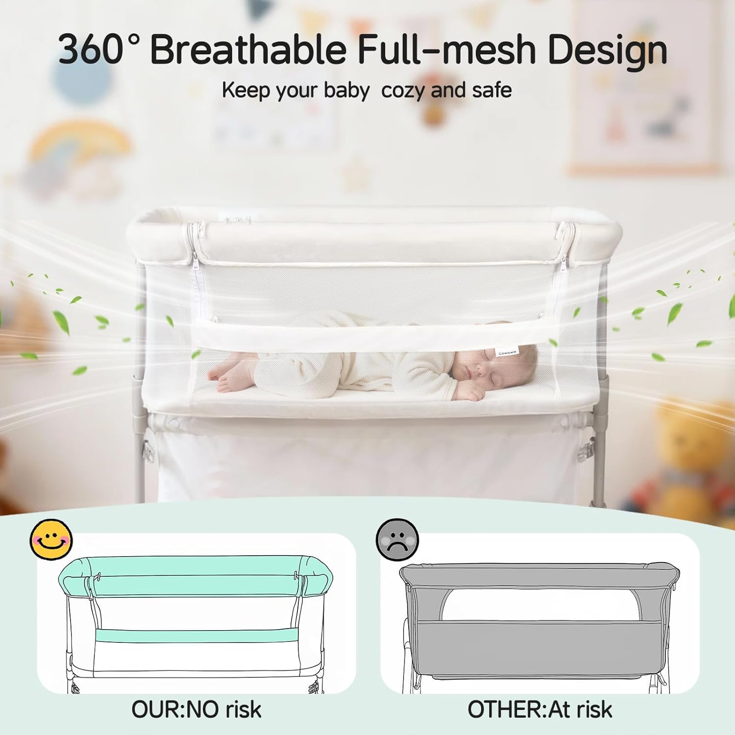 Cowiewie Bassinet Bedside Sleeper,Baby Bassinet Slides Over Bed,5-Position Height Adjustment & Breathable All-Mesh Wall Bedside Bassinet for Baby,Space-Saving Bedside Crib, Height(37.4-41.3"), White - Image 3