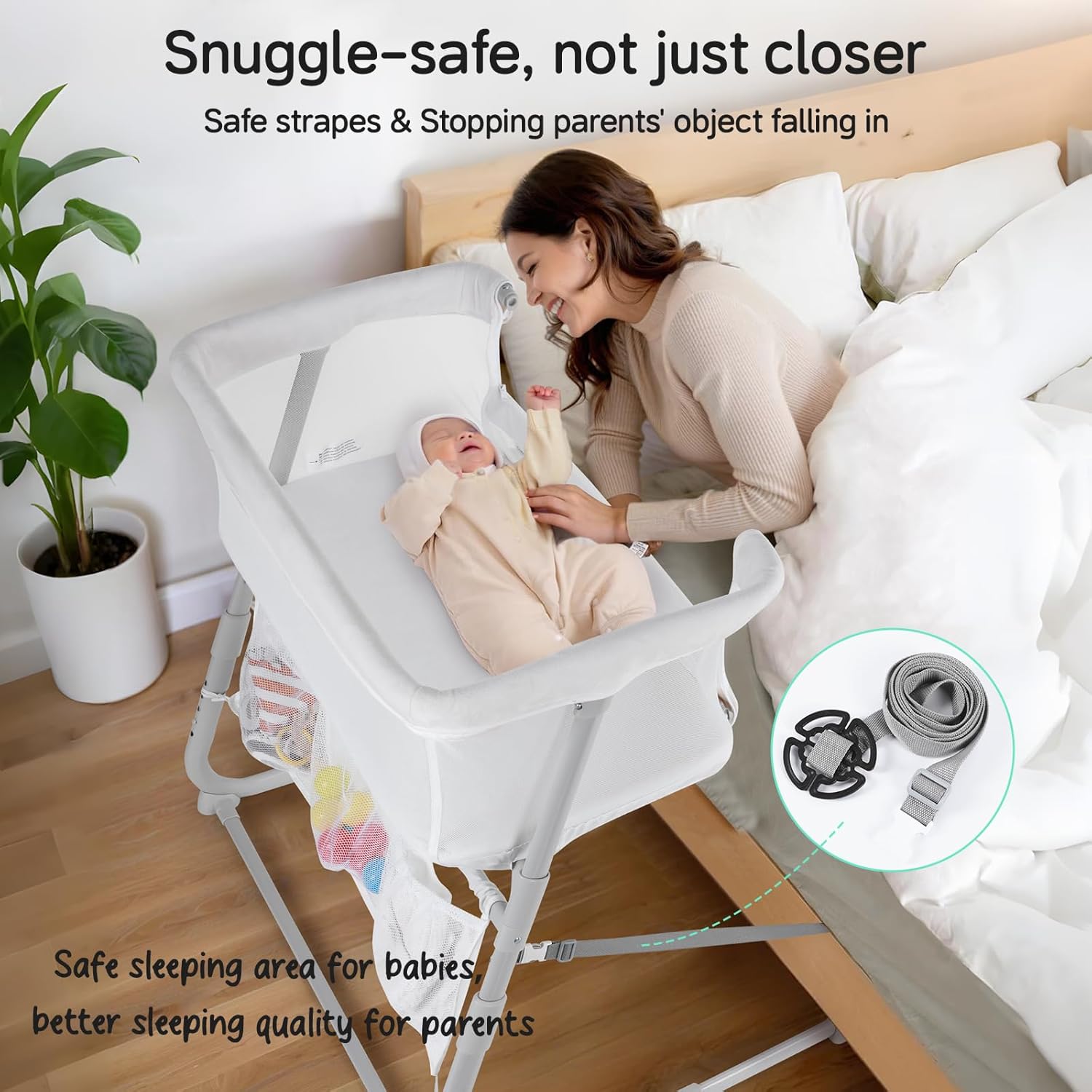 Cowiewie Bassinet Bedside Sleeper,Baby Bassinet Slides Over Bed,5-Position Height Adjustment & Breathable All-Mesh Wall Bedside Bassinet for Baby,Space-Saving Bedside Crib, Height(37.4-41.3"), White - Image 6