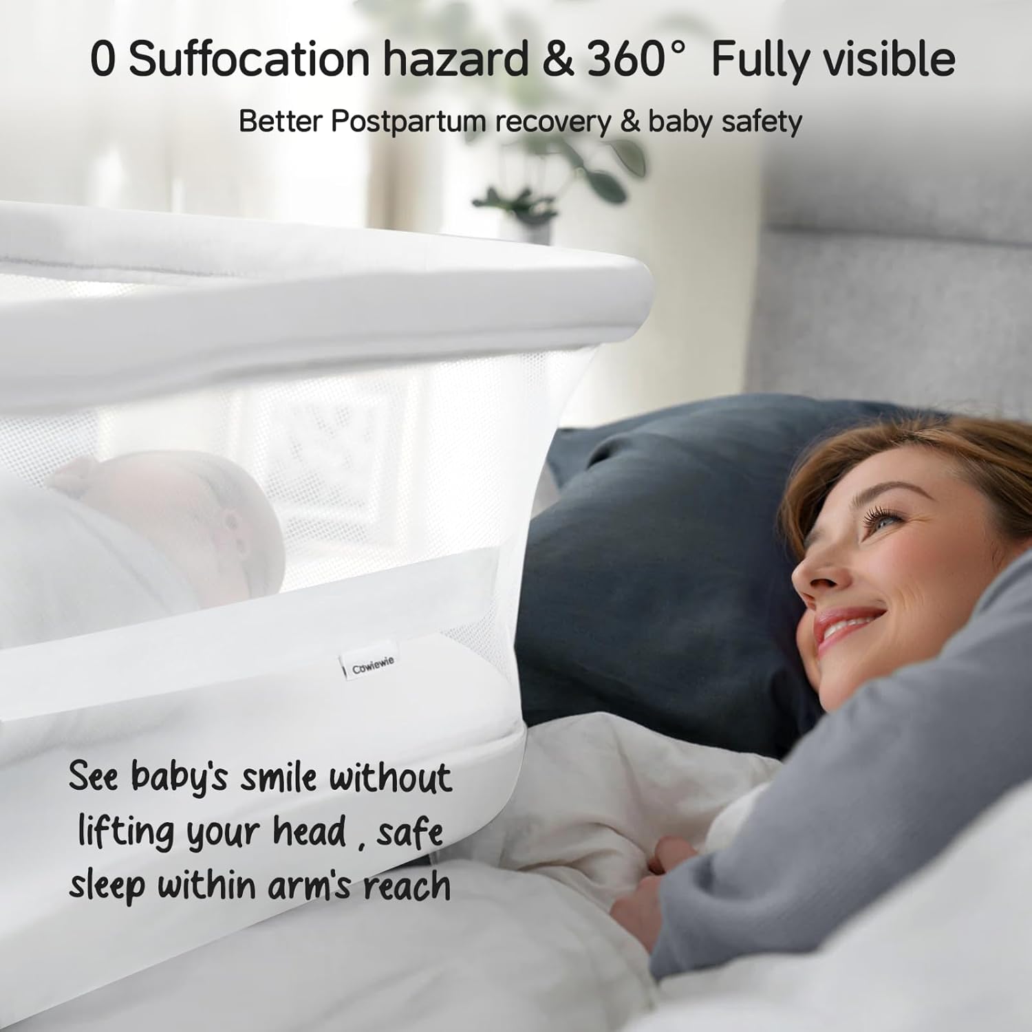 Cowiewie Bassinet Bedside Sleeper,Baby Bassinet Slides Over Bed,5-Position Height Adjustment & Breathable All-Mesh Wall Bedside Bassinet for Baby,Space-Saving Bedside Crib, Height(37.4-41.3"), White - Image 7