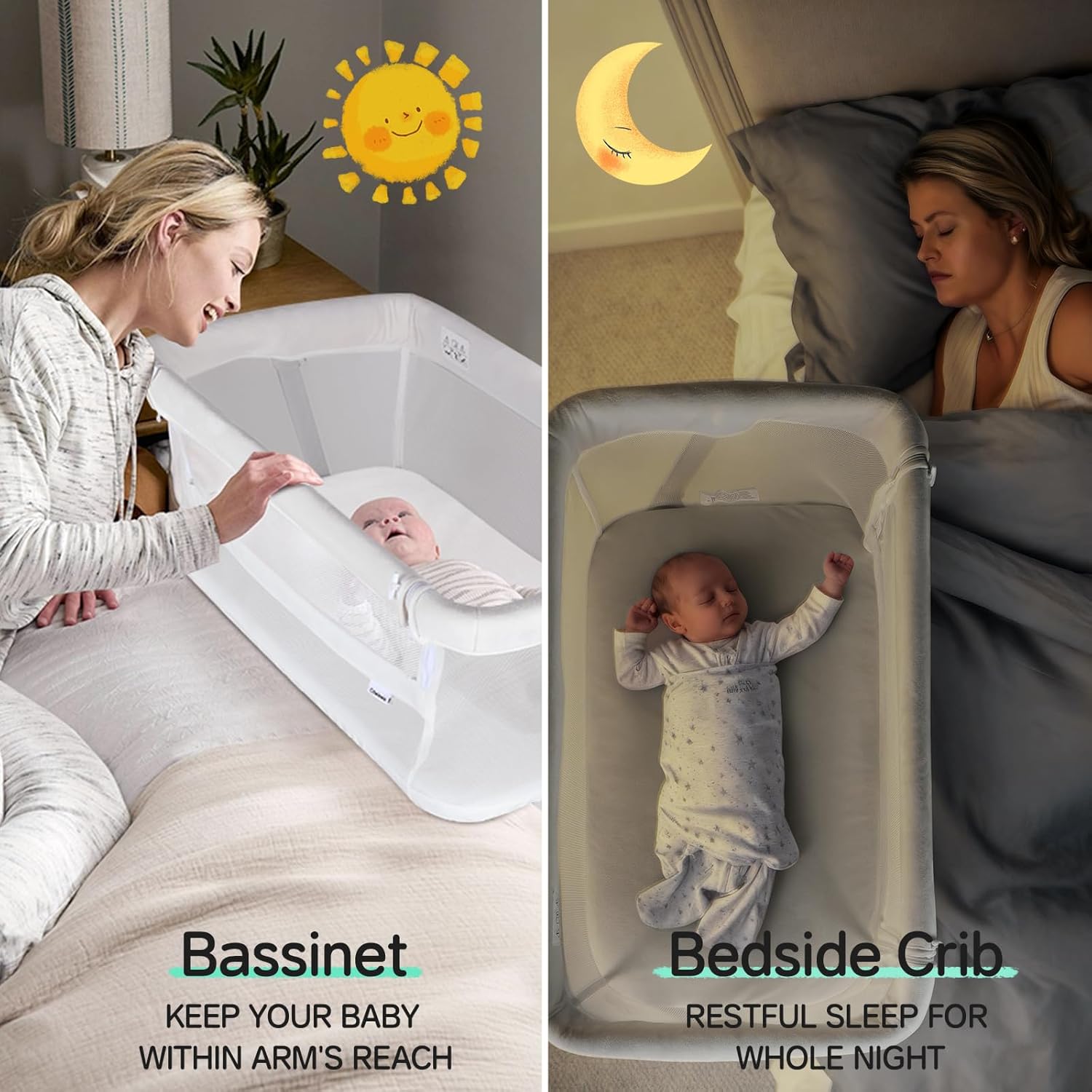 Cowiewie Bassinet Bedside Sleeper,Baby Bassinet Slides Over Bed,5-Position Height Adjustment & Breathable All-Mesh Wall Bedside Bassinet for Baby,Space-Saving Bedside Crib, Height(37.4-41.3"), White - Image 8