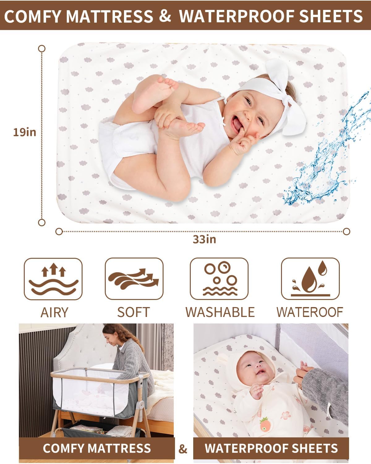 Jestonten Baby Bassinet Bedside Sleeper - 3 in 1 Bassinets with Waterproof Sheets, Soft Mattress and Breathable Mesh, Adjustable Height Bedside Bassinet for Baby with Wheels, Storage Basket, Gray