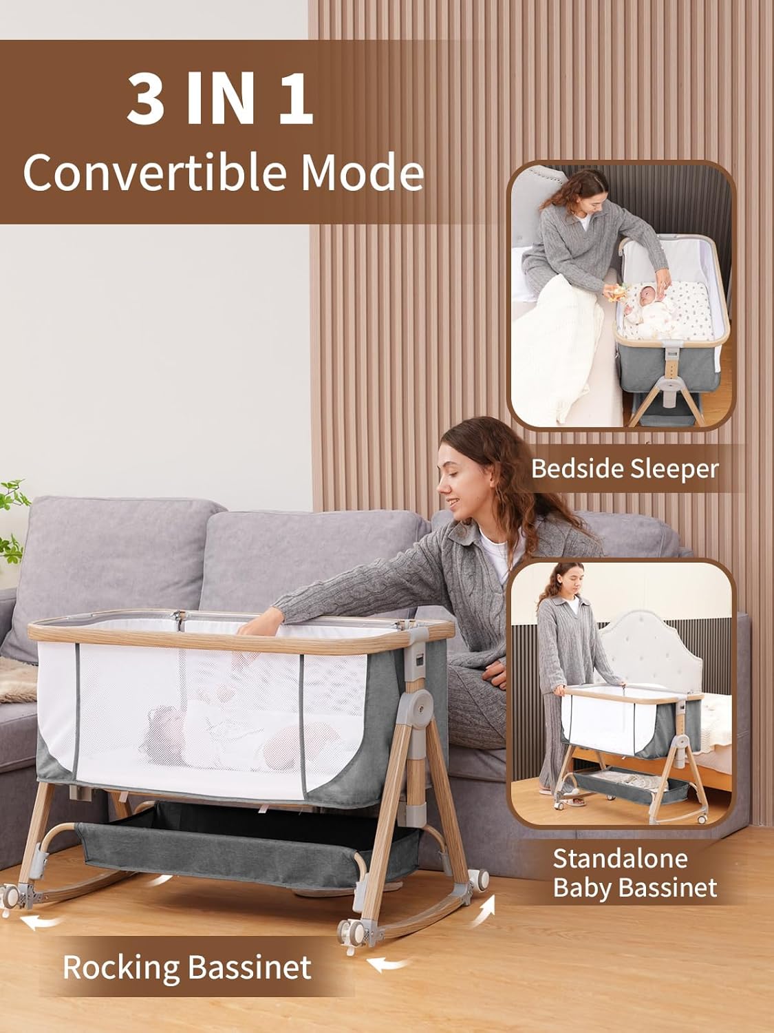 Alternative view of Jestonten Baby Bassinet Bedside Sleeper - 3 in 1 Bassinets with Waterproof Sheets, Soft Mattress and Breathable Mesh, Adjustable Height Bedside Bassinet for Baby with Wheels, Storage Basket, Gray