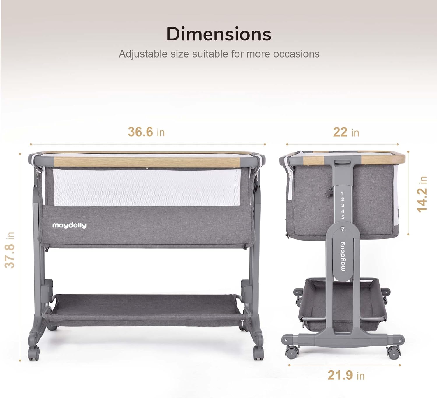 Maydolly Baby Bassinet Bedside Sleeper, 3-in-1 Bedside Crib, Portable Bassinet with Mattress & Breathable Mesh, 7 Height Adjustable Baby Bed, Newborn Infant Cribs (Grey)