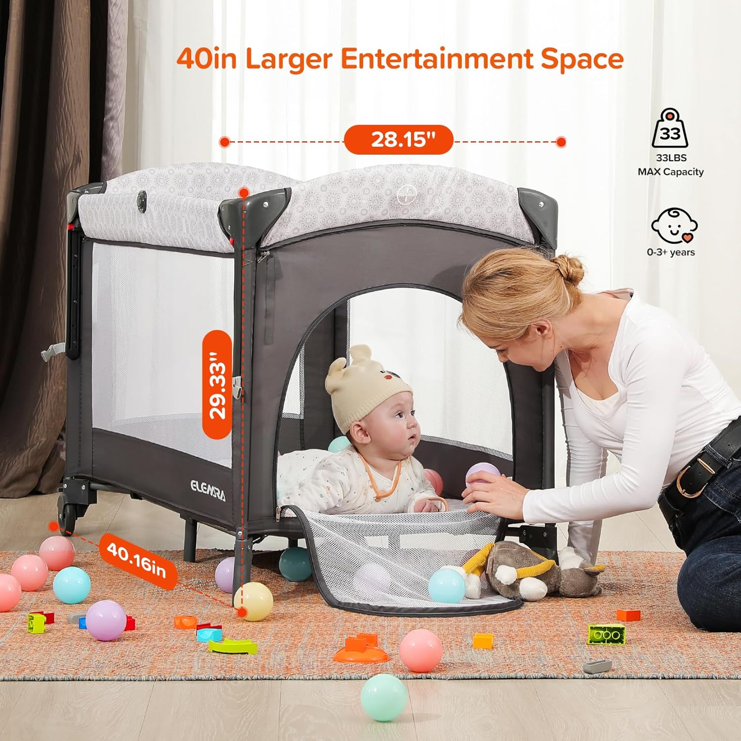 ELEMARA 4 in 1 Baby Bassinet Bedside Crib with Diaper Changer, Mattress, 1-Second Set up Bedside Bassinet with 3 Adjustable Height, Portable Crib with Storage/Toy Bar/Zip Door