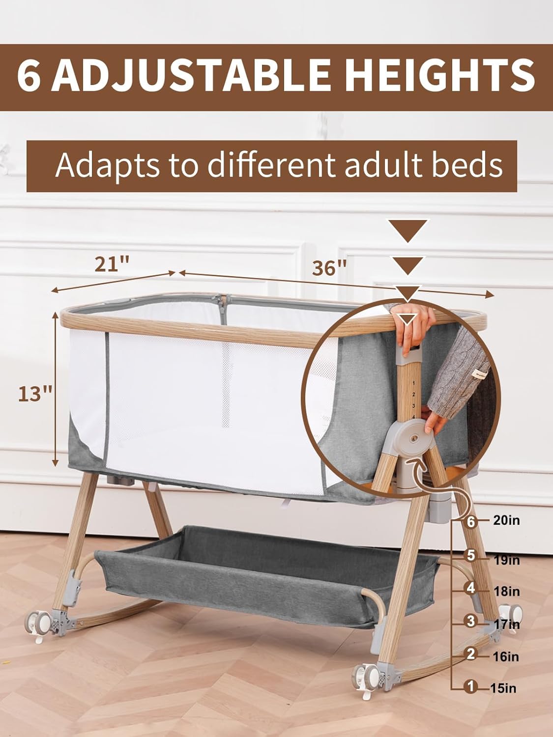 Jestonten Baby Bassinet Bedside Sleeper - 3 in 1 Bassinets with Waterproof Sheets, Soft Mattress and Breathable Mesh, Adjustable Height Bedside Bassinet for Baby with Wheels, Storage Basket, Gray - Image 4