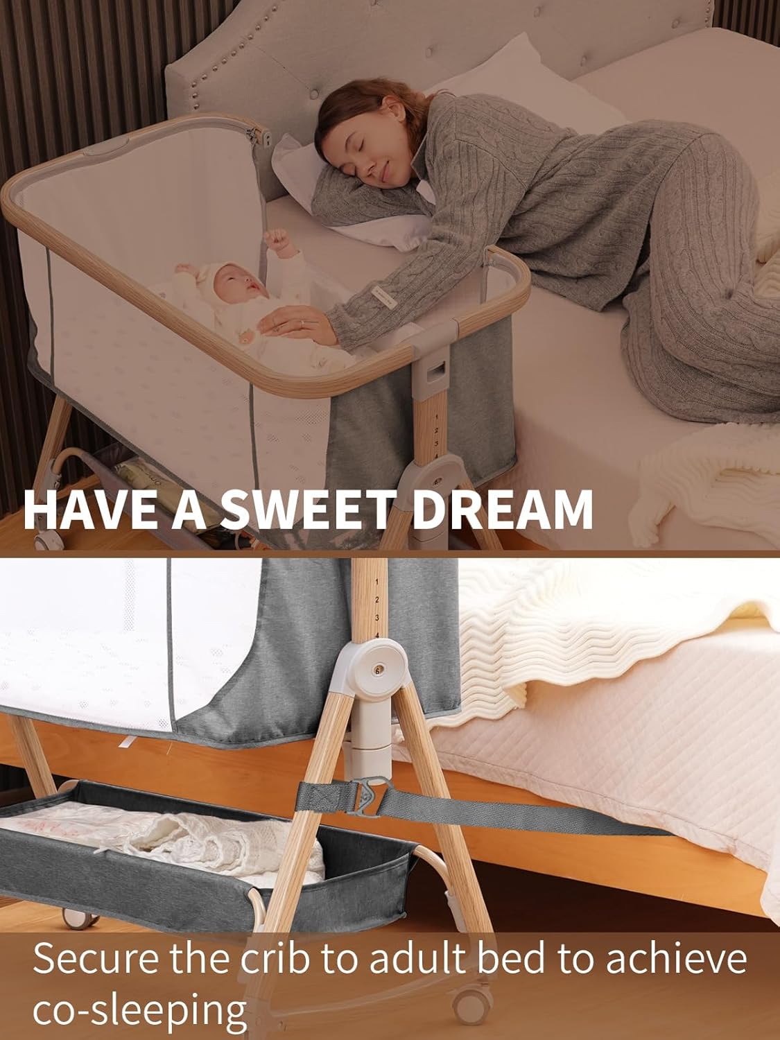 Jestonten Baby Bassinet Bedside Sleeper - 3 in 1 Bassinets with Waterproof Sheets, Soft Mattress and Breathable Mesh, Adjustable Height Bedside Bassinet for Baby with Wheels, Storage Basket, Gray - Image 5