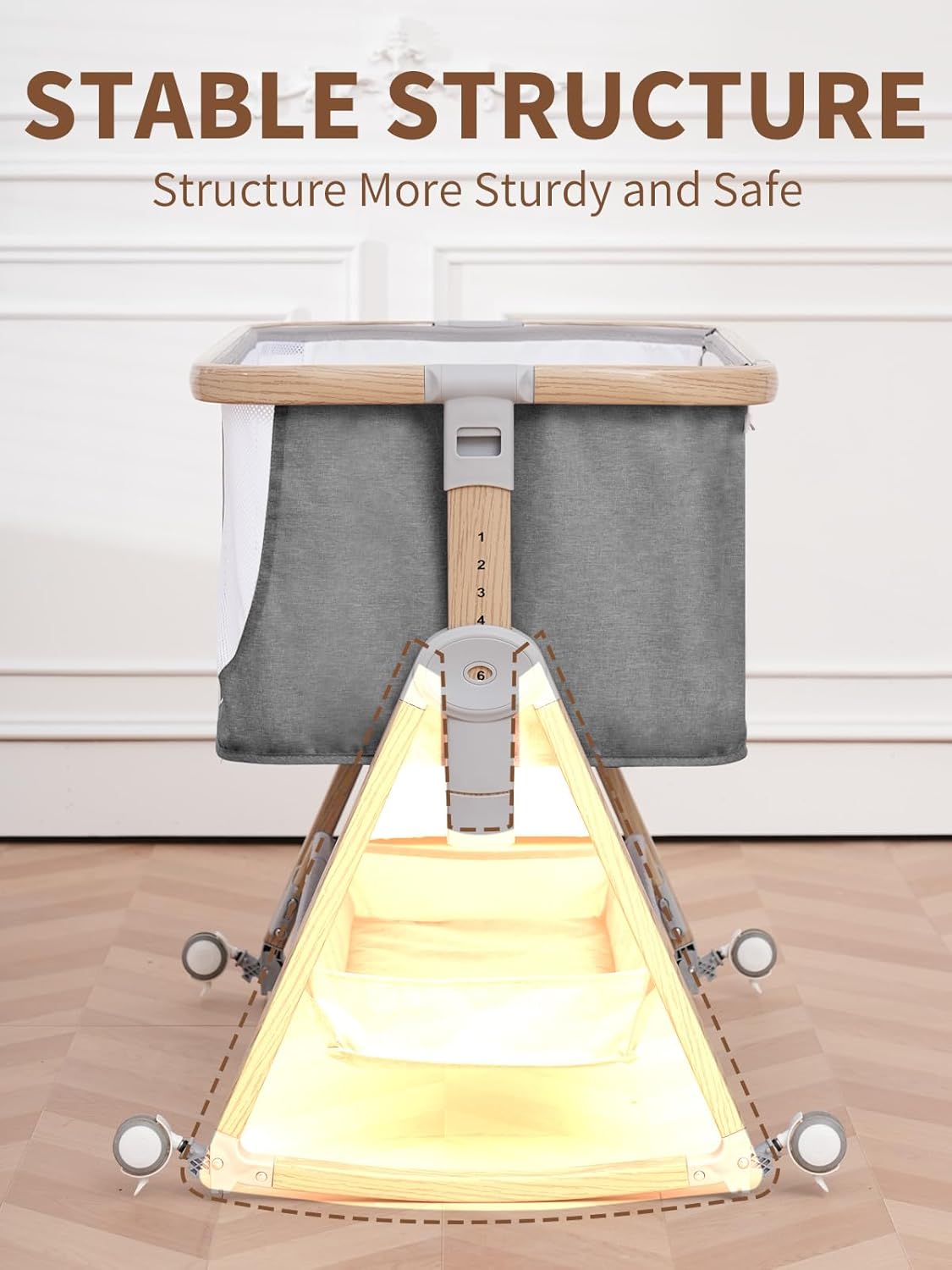 Jestonten Baby Bassinet Bedside Sleeper - 3 in 1 Bassinets with Waterproof Sheets, Soft Mattress and Breathable Mesh, Adjustable Height Bedside Bassinet for Baby with Wheels, Storage Basket, Gray - Image 7