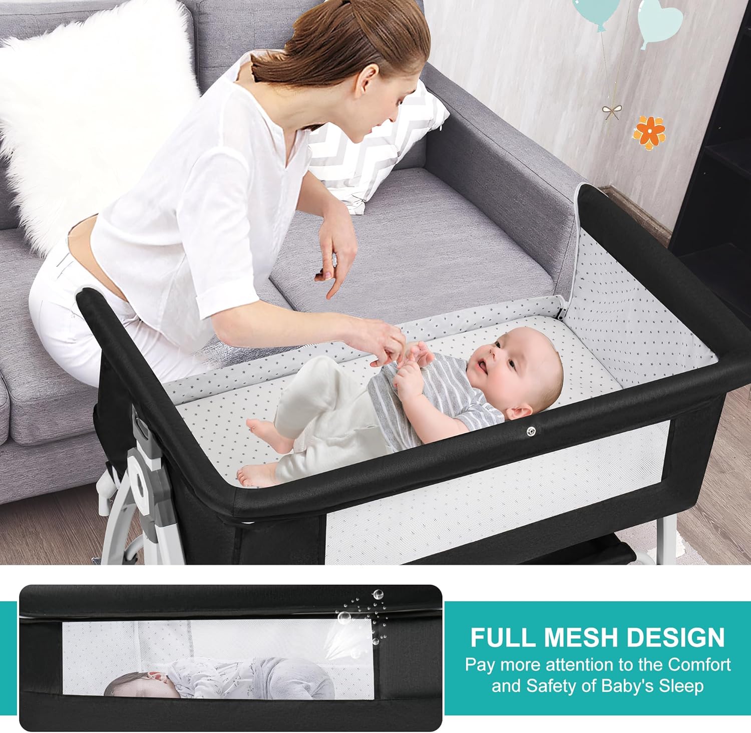 Alternative view of VOOI Baby Bassinet Bedside Sleeper, 3 in 1 Rocking Bassinet for Baby, Bassinet Bedside Sleeper with Wheels, Adjustable Height, Storage Basket, Mattress & Canopy, Bed Side Bassinet for Newborn