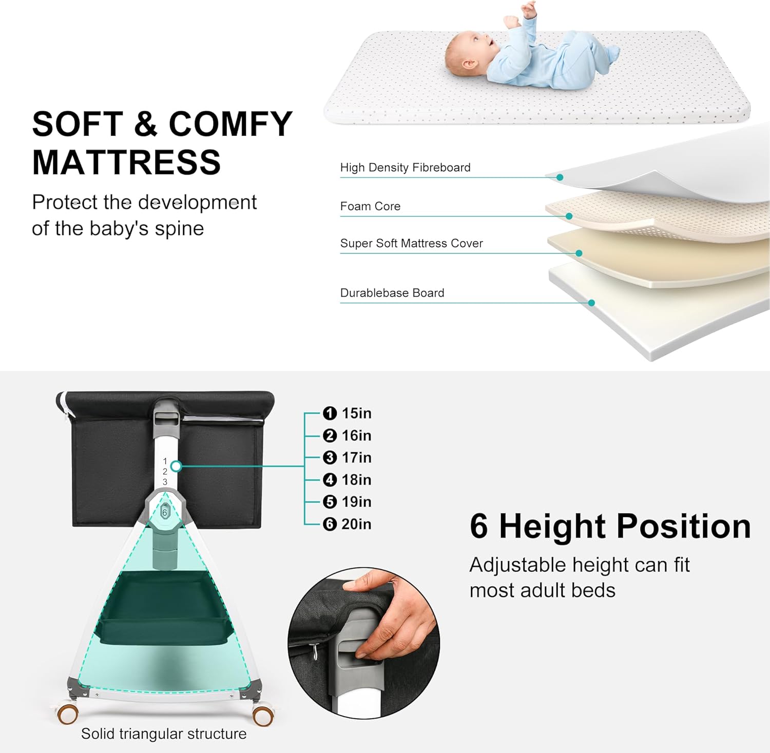 VOOI Baby Bassinet Bedside Sleeper, 3 in 1 Rocking Bassinet for Baby, Bassinet Bedside Sleeper with Wheels, Adjustable Height, Storage Basket, Mattress & Canopy, Bed Side Bassinet for Newborn - Image 3