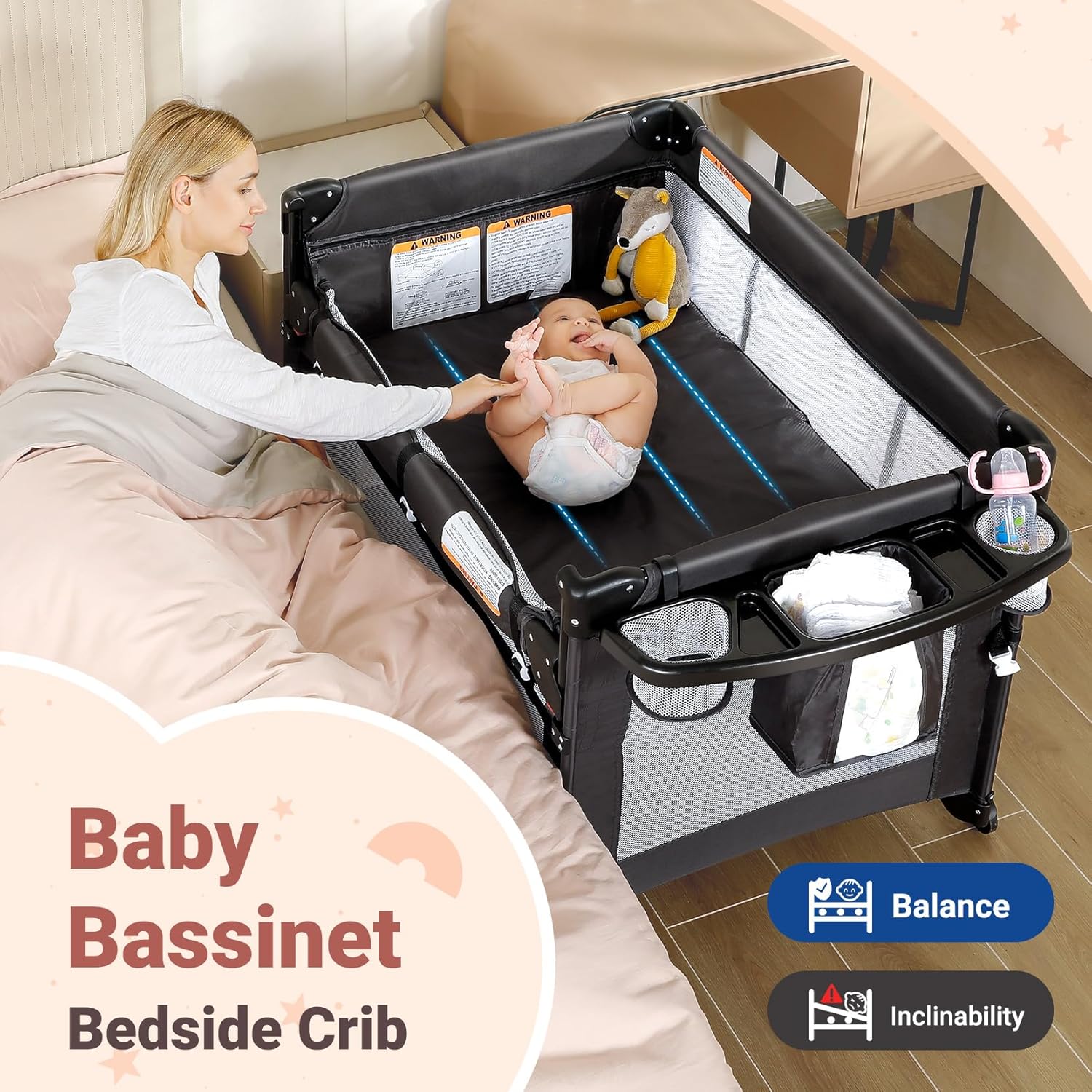 Alternative view of ELEMARA 5 in 1 Pack and Play, Adjustable Baby Bedside Bassinet Sleeper,1-Second Setup Foldable Playard from Newborn to Toddles,Bedside Crib with Changing Table,Portable Travel Bassinet,Ziper Door,Gray