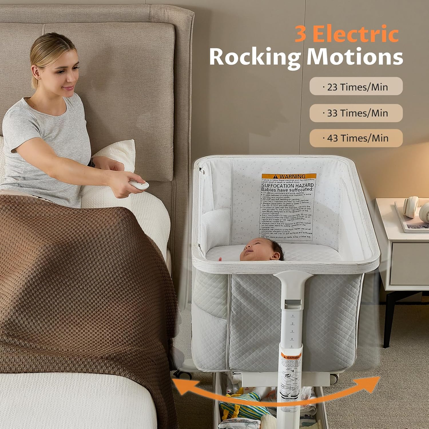 Alternative view of VaVaSoo Electric Rocking Bassinet for Baby 3 Speeds Automatic Bedside Sleeper Auto Rolling Newborn Cradle Rocks Itself 5 Height Adjustable with Music, Wheels, Storage, Grey & White