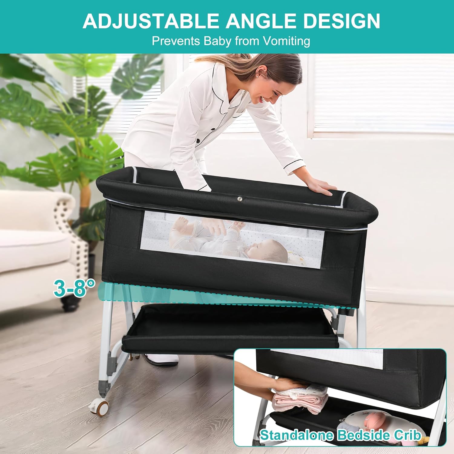 VOOI Baby Bassinet Bedside Sleeper, 3 in 1 Rocking Bassinet for Baby, Bassinet Bedside Sleeper with Wheels, Adjustable Height, Storage Basket, Mattress & Canopy, Bed Side Bassinet for Newborn - Image 5