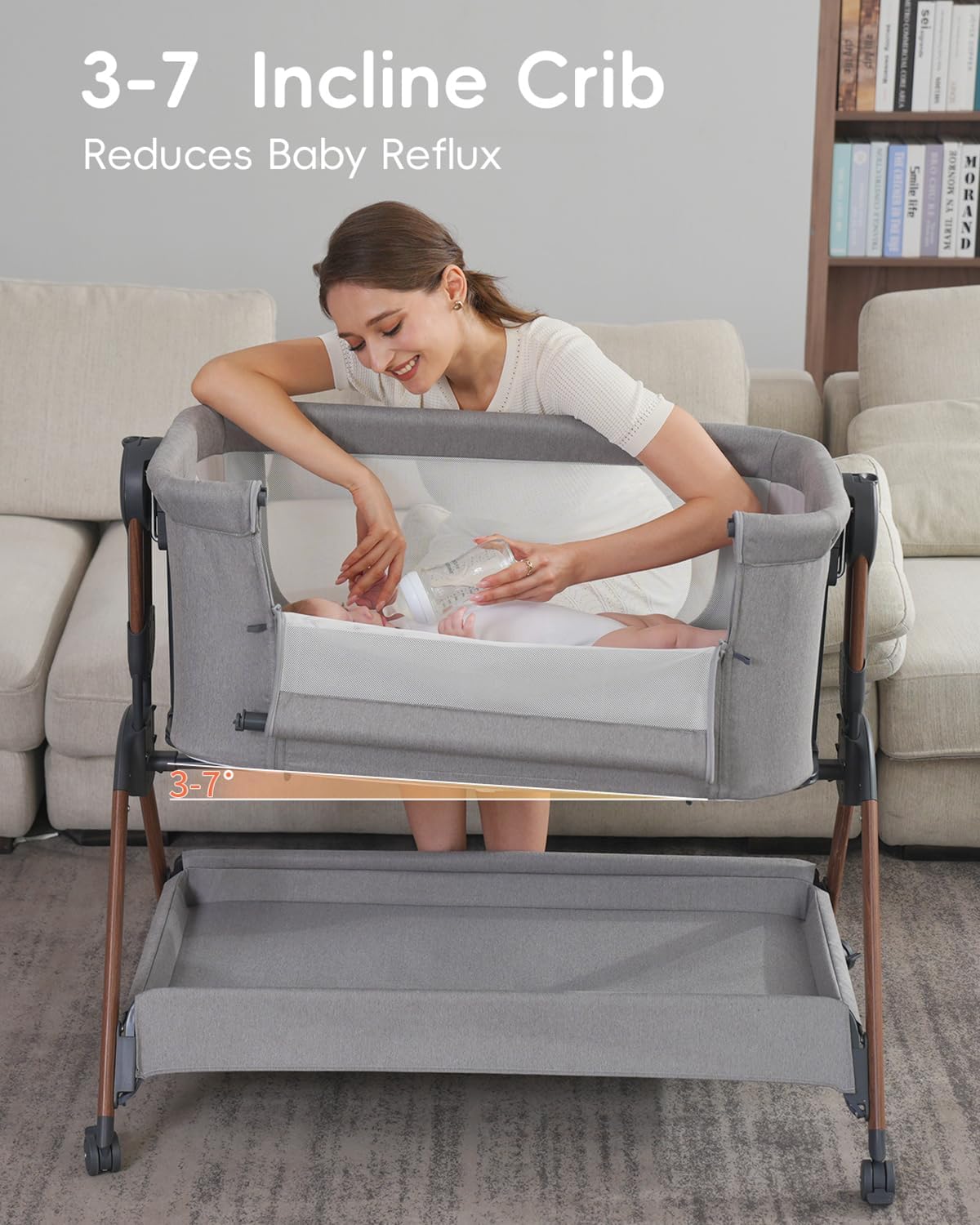 Winchild Bassinet - Baby Bassinet,3-in-1 Baby Bassinet Bedside Sleeper, Rocking Bassinet with Wheels,Comfy Mattress,Breathable Mesh,Storage,6 Height Adjustable Crib, for Day and Night(Mesh Grey)