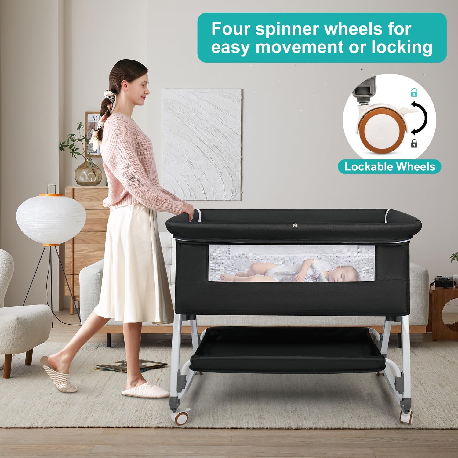 VOOI Baby Bassinet Bedside Sleeper, 3 in 1 Rocking Bassinet for Baby, Bassinet Bedside Sleeper with Wheels, Adjustable Height, Storage Basket, Mattress & Canopy, Bed Side Bassinet for Newborn - Image 6