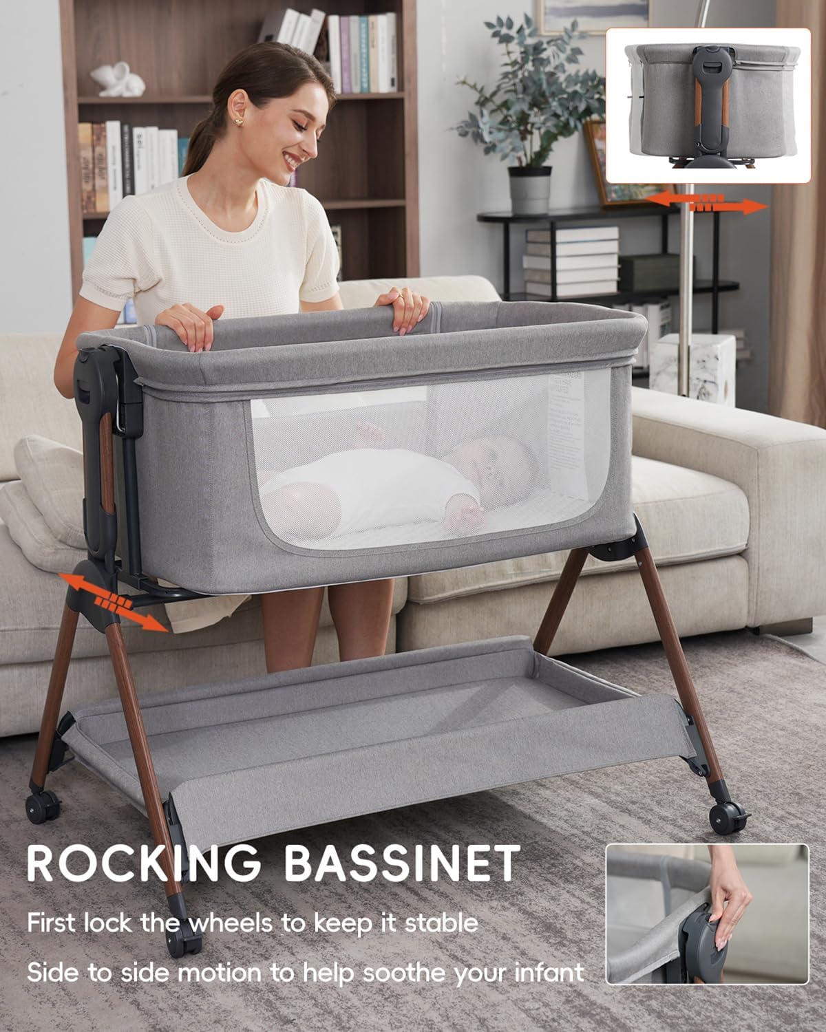Alternative view of Winchild Bassinet - Baby Bassinet,3-in-1 Baby Bassinet Bedside Sleeper, Rocking Bassinet with Wheels,Comfy Mattress,Breathable Mesh,Storage,6 Height Adjustable Crib, for Day and Night(Mesh Grey)