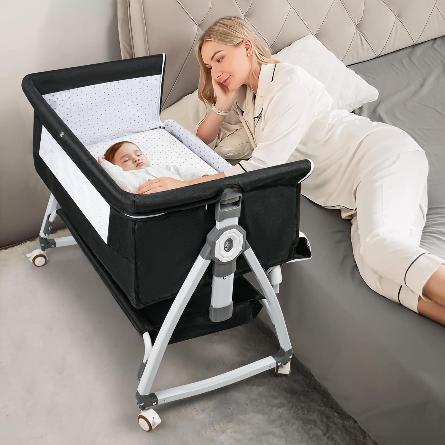 VOOI Baby Bassinet Bedside Sleeper, 3 in 1 Rocking Bassinet for Baby, Bassinet Bedside Sleeper with Wheels, Adjustable Height, Storage Basket, Mattress & Canopy, Bed Side Bassinet for Newborn - Image 7