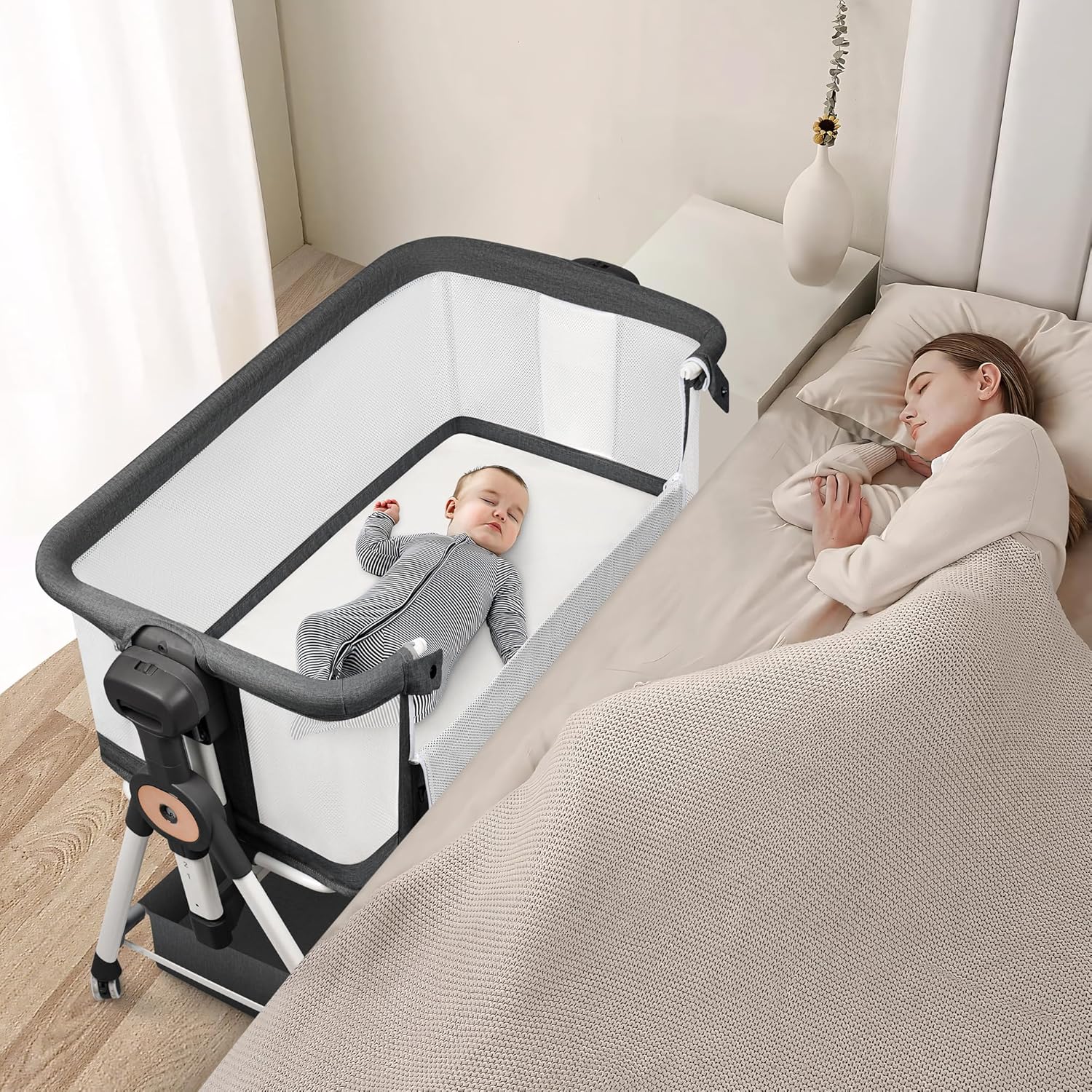 VOOI Baby Bassinet Bedside Sleeper, 3 in 1 Rocking Bassinet for Baby, Bassinet Bedside Sleeper with Wheels, Adjustable Height, Storage Basket, Mattress & Canopy, Bed Side Bassinet for Newborn - Image 8