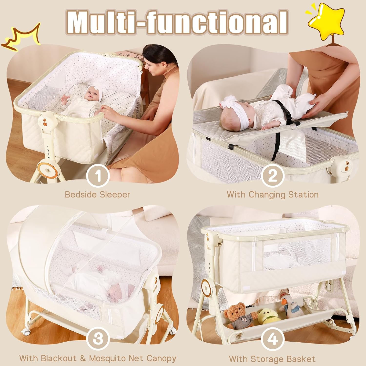 Baby Bassinets Bedside Sleeper 5 in 1,Bedside Bassinet for Baby with Mattress,Diaper changer, Storage Layer,Mosquito Net,7-level adjustable height , one-touch folding for travel with infants(Beige)