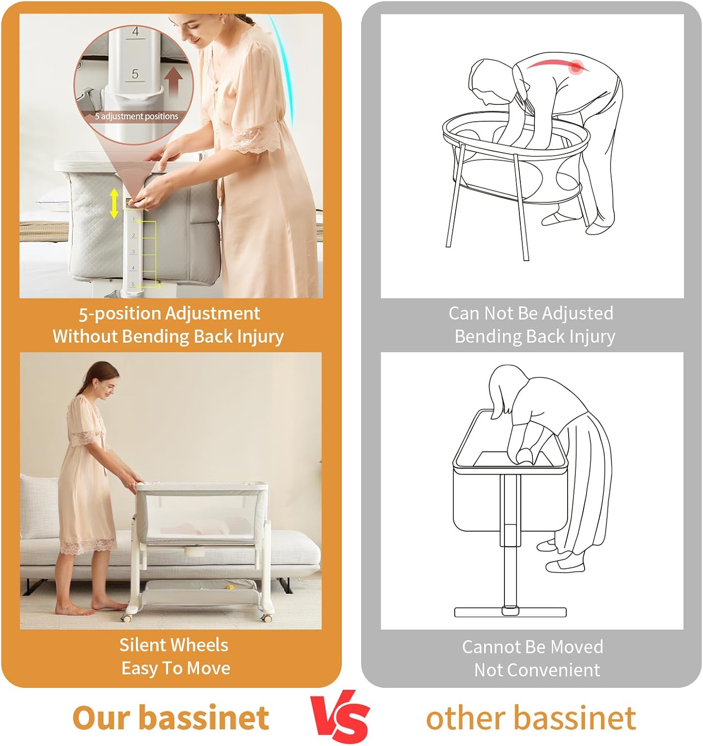 VaVaSoo Electric Rocking Bassinet for Baby 3 Speeds Automatic Bedside Sleeper Auto Rolling Newborn Cradle Rocks Itself 5 Height Adjustable with Music, Wheels, Storage, Grey & White - Image 6