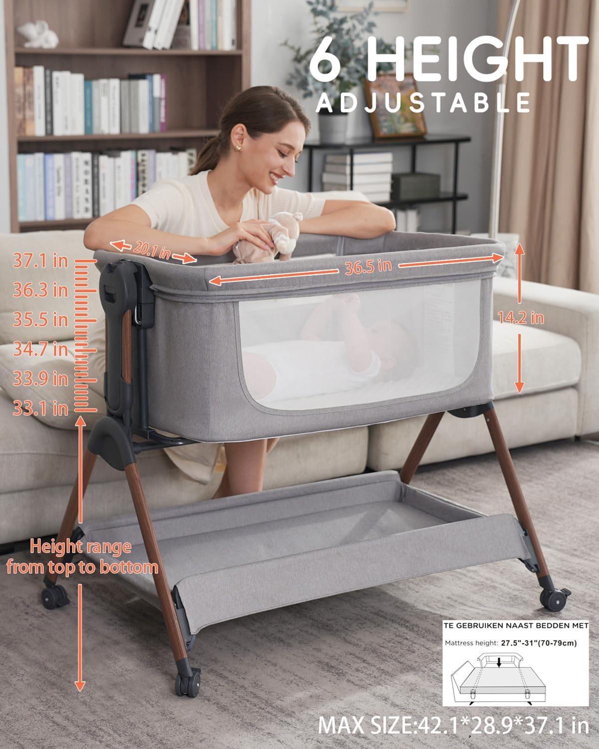 Winchild Bassinet - Baby Bassinet,3-in-1 Baby Bassinet Bedside Sleeper, Rocking Bassinet with Wheels,Comfy Mattress,Breathable Mesh,Storage,6 Height Adjustable Crib, for Day and Night(Mesh Grey) - Image 3