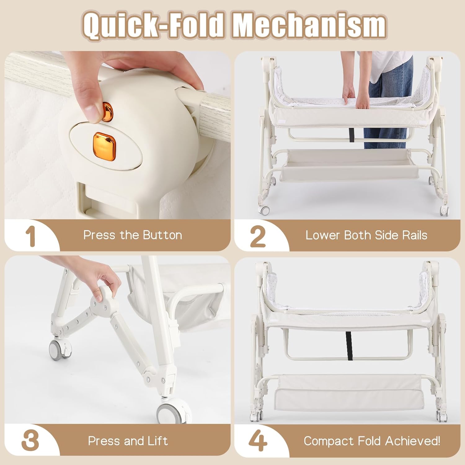 Alternative view of Baby Bassinets Bedside Sleeper 5 in 1,Bedside Bassinet for Baby with Mattress,Diaper changer, Storage Layer,Mosquito Net,7-level adjustable height , one-touch folding for travel with infants(Beige)